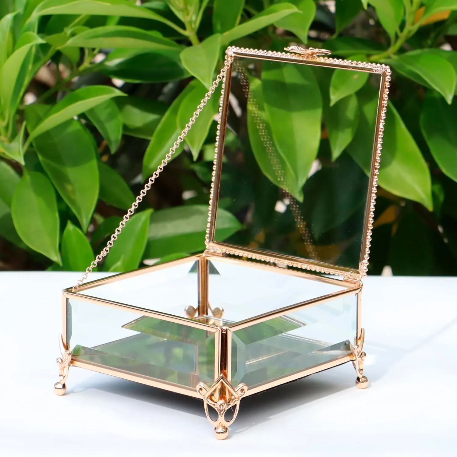 Rectangular Vintage Glass Jewelry Box with Hinged Lid,Jewelry Ring, Bracelet, Souvenir Metal Display Box, Transparent Storage Box.(5.2x5.2x2.7inches)
