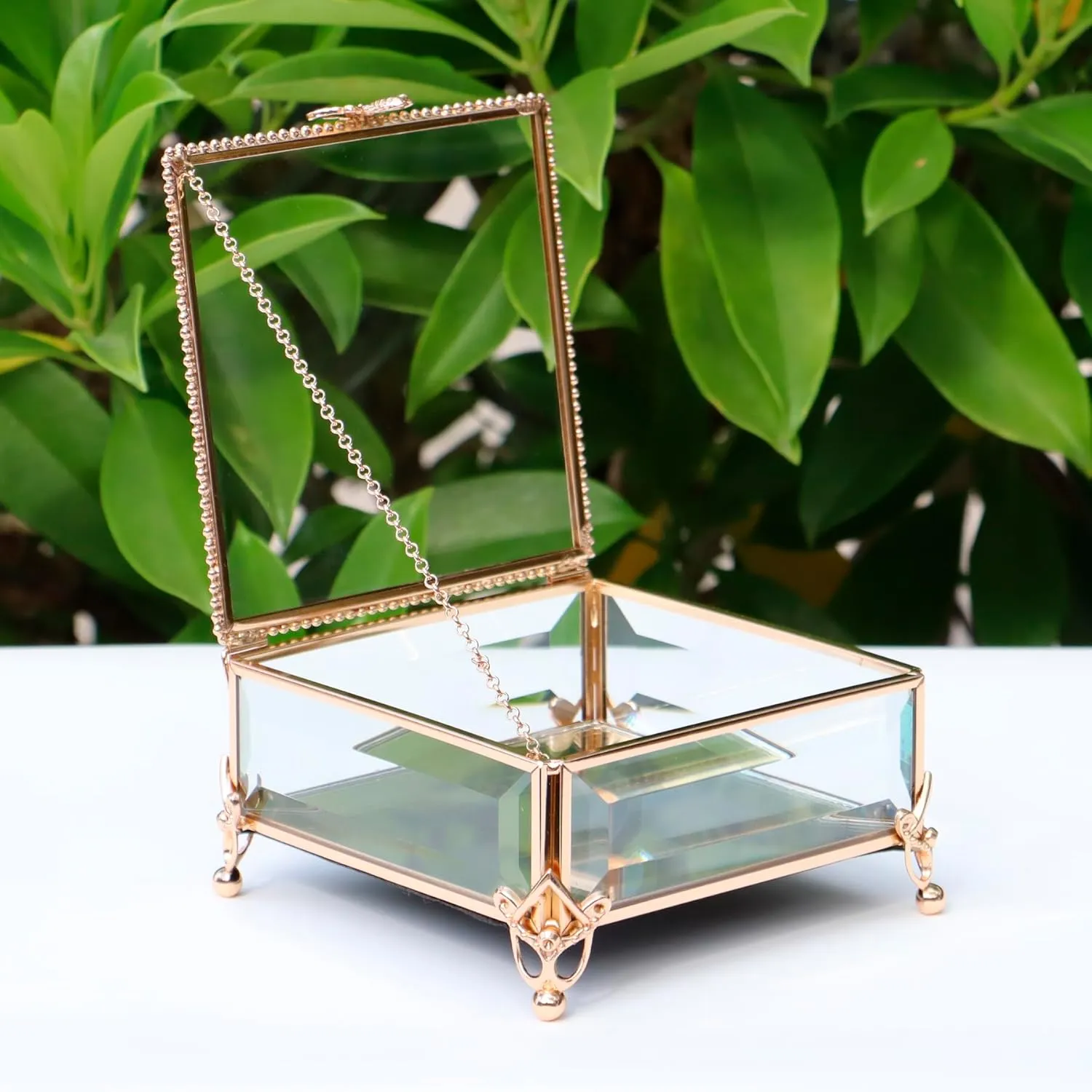 Rectangular Vintage Glass Jewelry Box with Hinged Lid,Jewelry Ring, Bracelet, Souvenir Metal Display Box, Transparent Storage Box.(5.2x5.2x2.7inches)