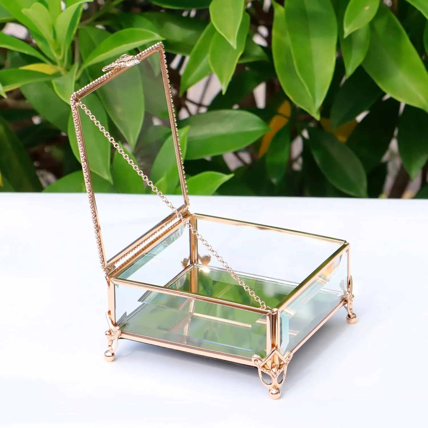 Rectangular Vintage Glass Jewelry Box with Hinged Lid,Jewelry Ring, Bracelet, Souvenir Metal Display Box, Transparent Storage Box.(5.2x5.2x2.7inches)