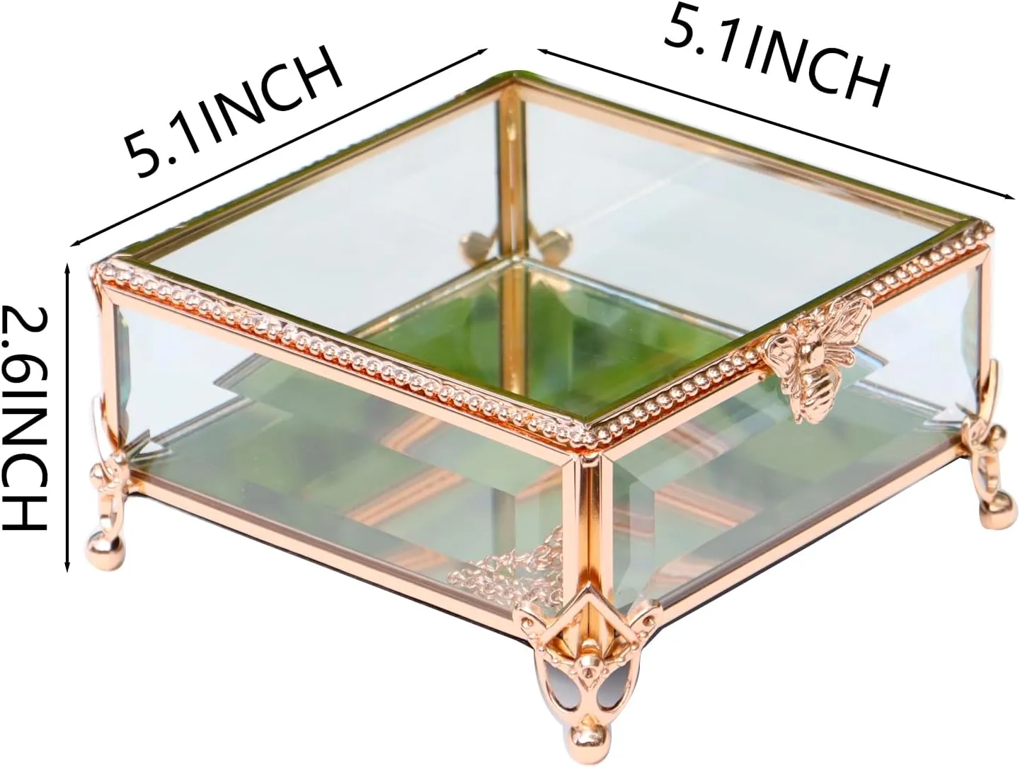 Rectangular Vintage Glass Jewelry Box with Hinged Lid,Jewelry Ring, Bracelet, Souvenir Metal Display Box, Transparent Storage Box.(5.2x5.2x2.7inches)