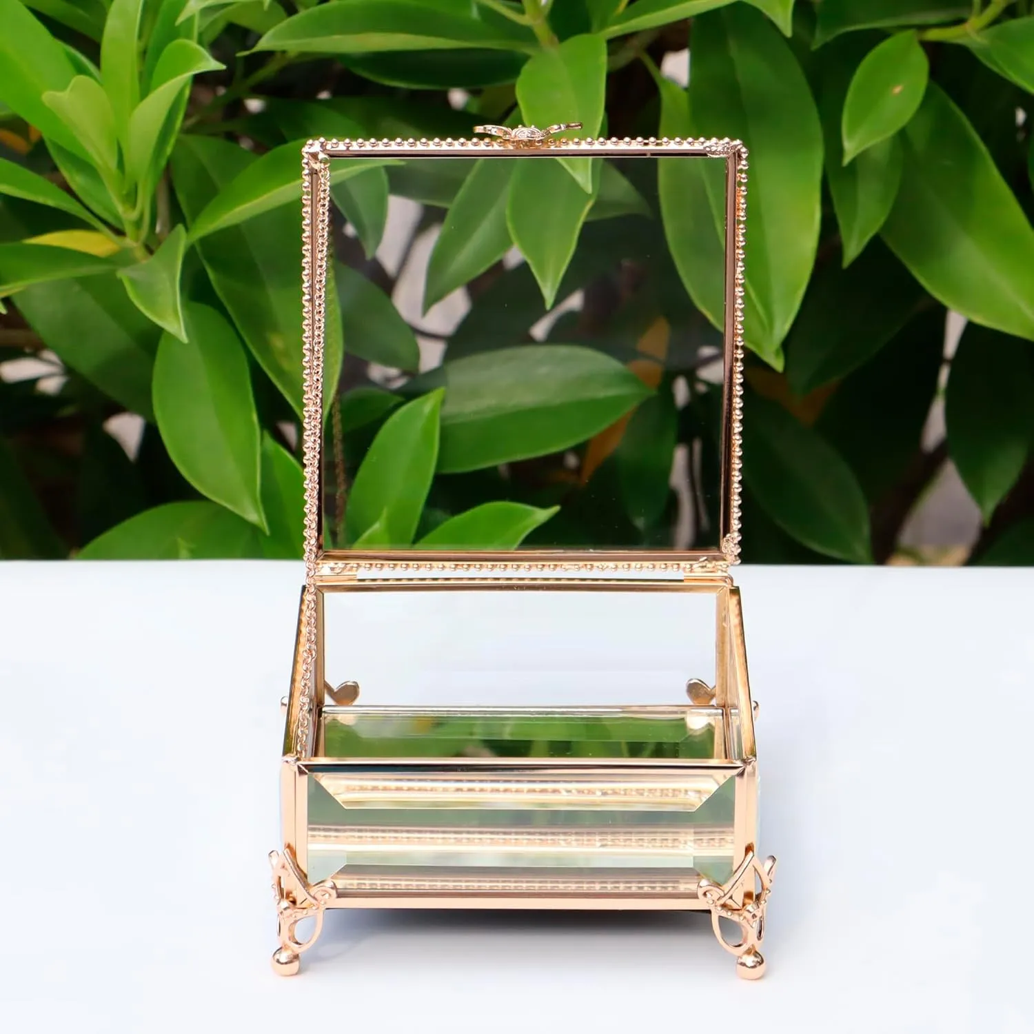 Rectangular Vintage Glass Jewelry Box with Hinged Lid,Jewelry Ring, Bracelet, Souvenir Metal Display Box, Transparent Storage Box.(5.2x5.2x2.7inches)