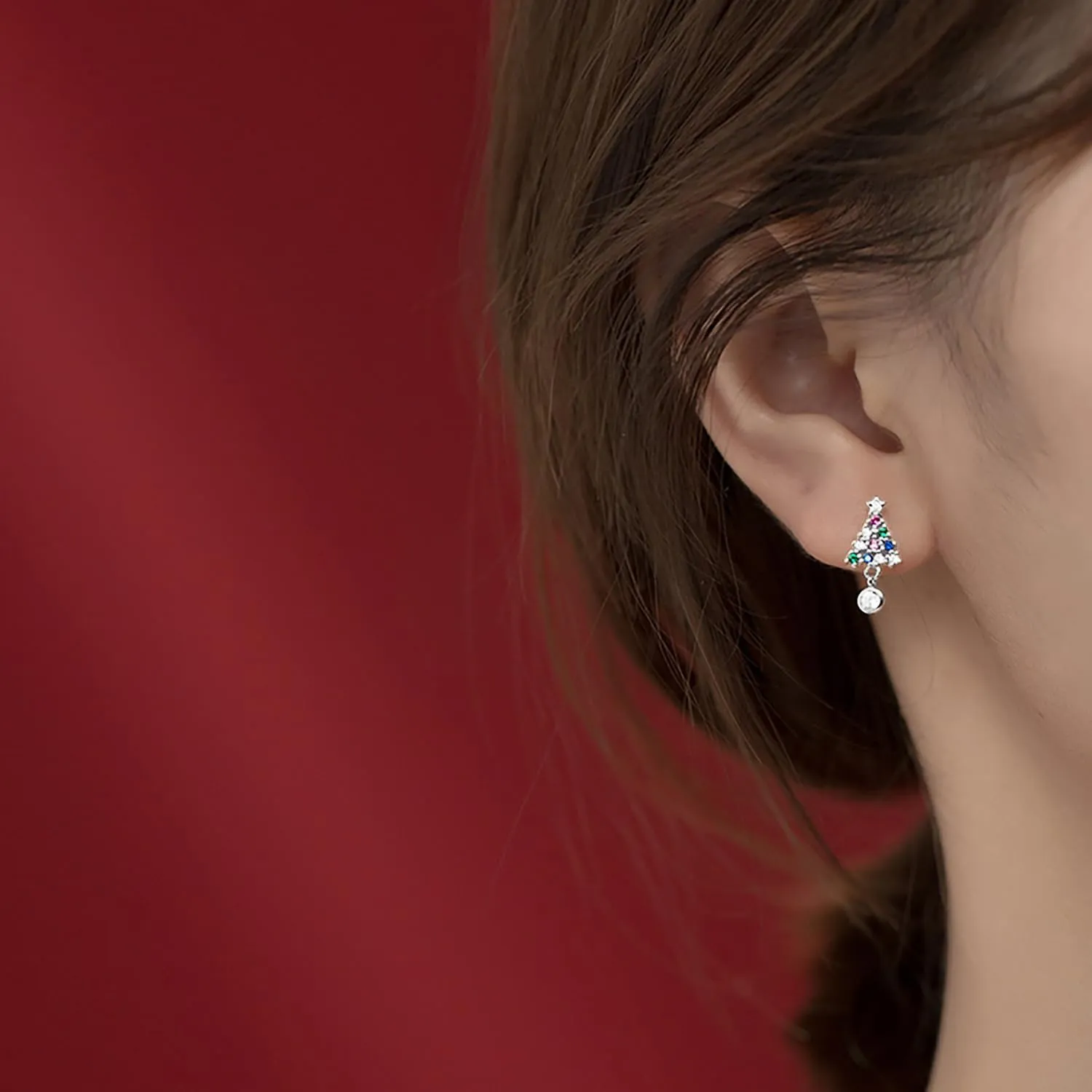 Reffeer Solid 925 Sterling Silver Color Christmas Tree Studs Earrings for Women Teens Cute Christmas Tree Earrings Studs