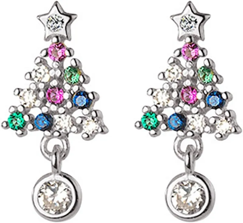 Reffeer Solid 925 Sterling Silver Color Christmas Tree Studs Earrings for Women Teens Cute Christmas Tree Earrings Studs