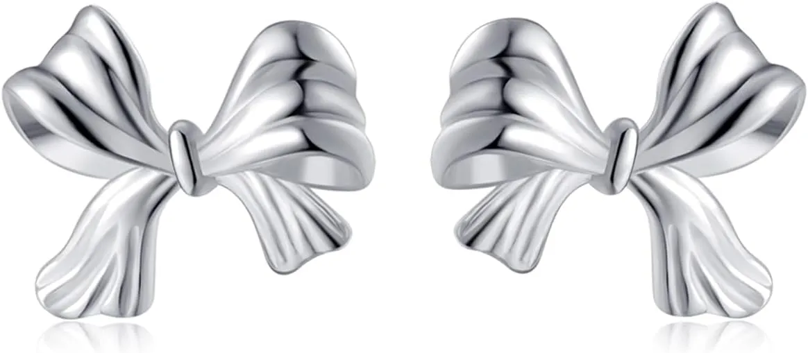 Reffeer Solid 925 Sterling Silver Cute Bow Studs Earrings for Women Teens Ribbon Bow Stud Earrings