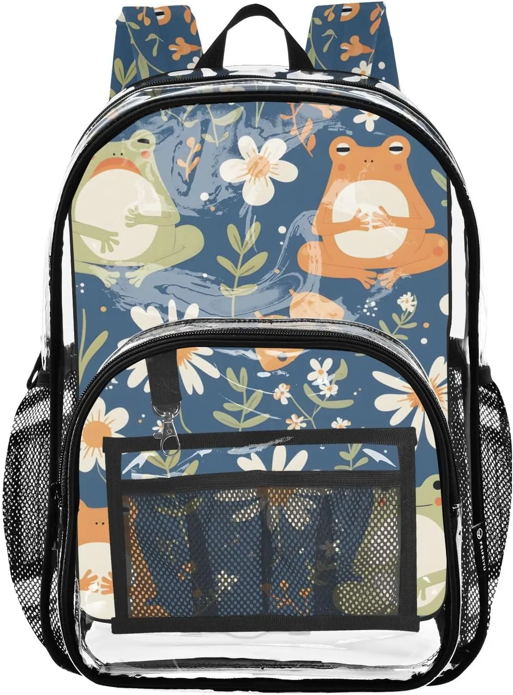 Resting Frog Clear Plastic Backpack - Transparent PVC Heavy Duty Bag with Large Main Pocket and Mesh Pockets - Ideal for School, Travel, Outings - Clear Backpack for School and Everyday Use