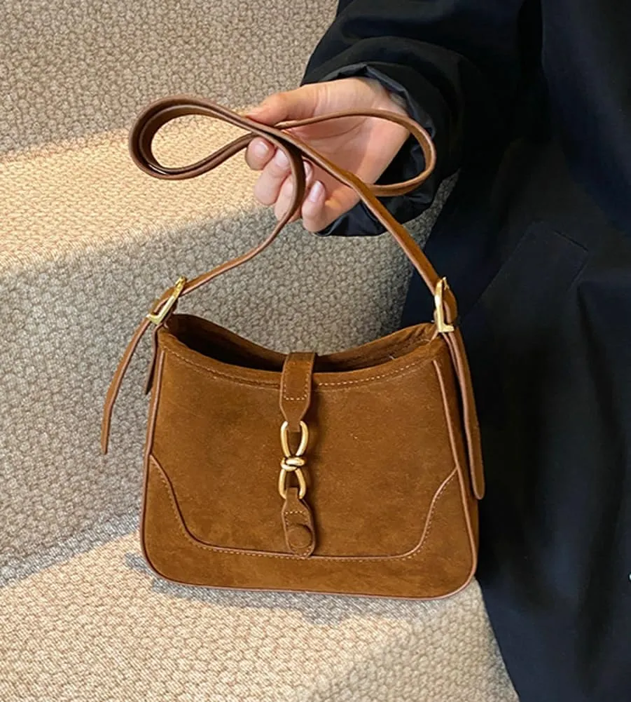 Retro Suede Handbag Women's Shoulder Bag Red Suede Purse Saddle Bag Sling Crossbody Bag Clasp Zipper Tote Bag