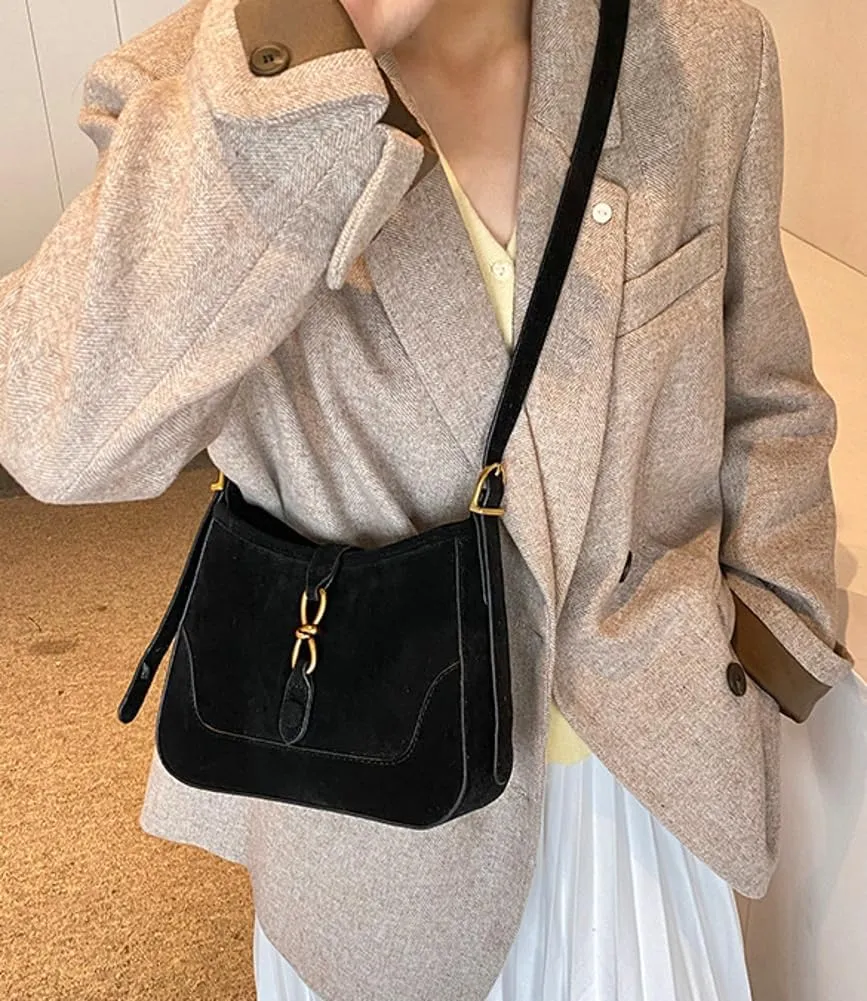Retro Suede Handbag Women's Shoulder Bag Red Suede Purse Saddle Bag Sling Crossbody Bag Clasp Zipper Tote Bag