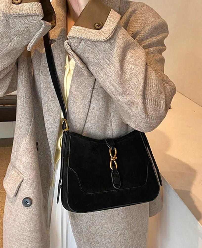Retro Suede Handbag Women's Shoulder Bag Red Suede Purse Saddle Bag Sling Crossbody Bag Clasp Zipper Tote Bag