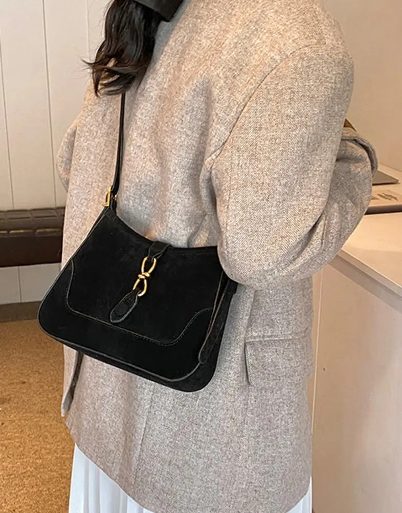Retro Suede Handbag Women's Shoulder Bag Red Suede Purse Saddle Bag Sling Crossbody Bag Clasp Zipper Tote Bag