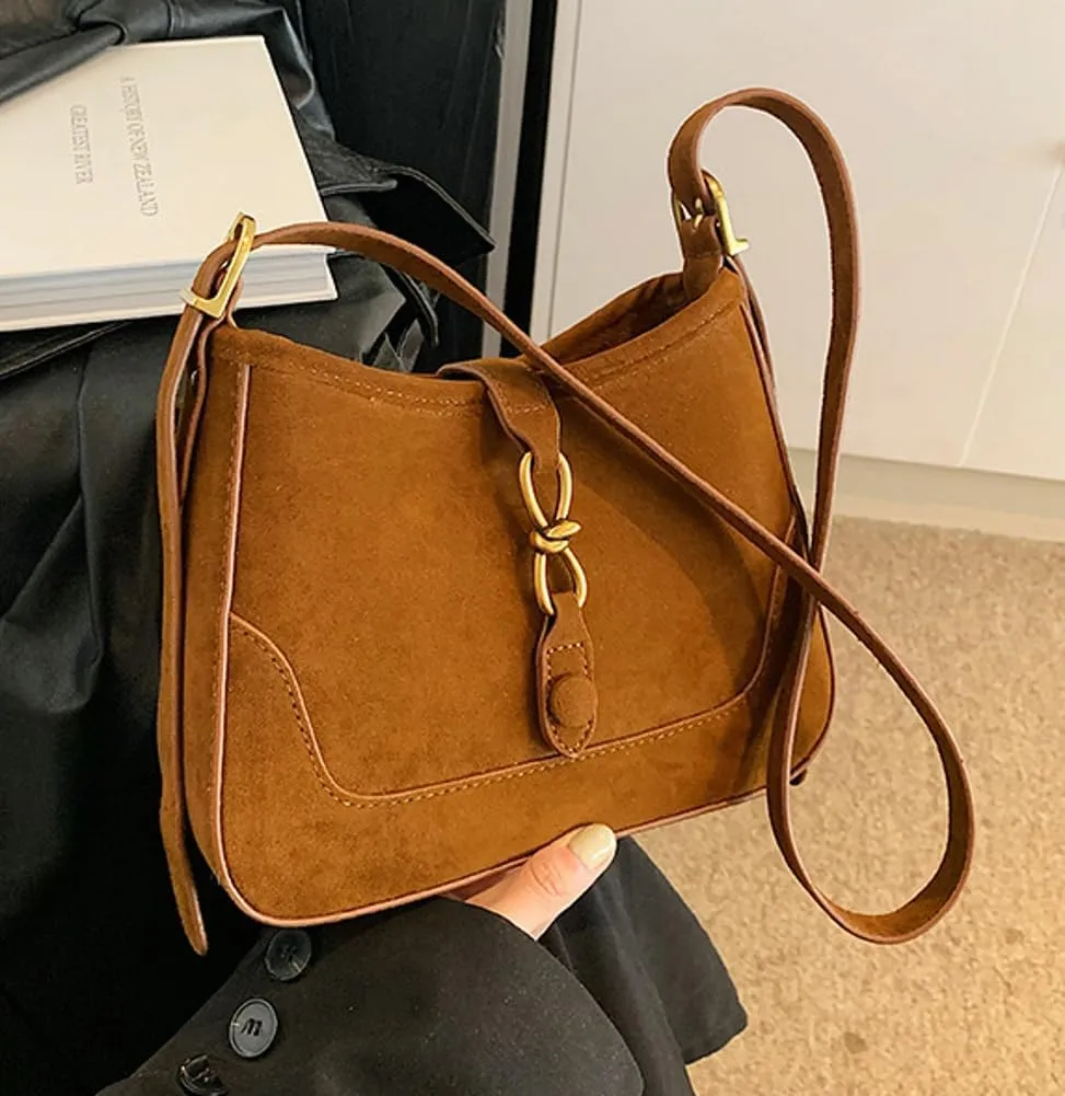 Retro Suede Handbag Women's Shoulder Bag Red Suede Purse Saddle Bag Sling Crossbody Bag Clasp Zipper Tote Bag