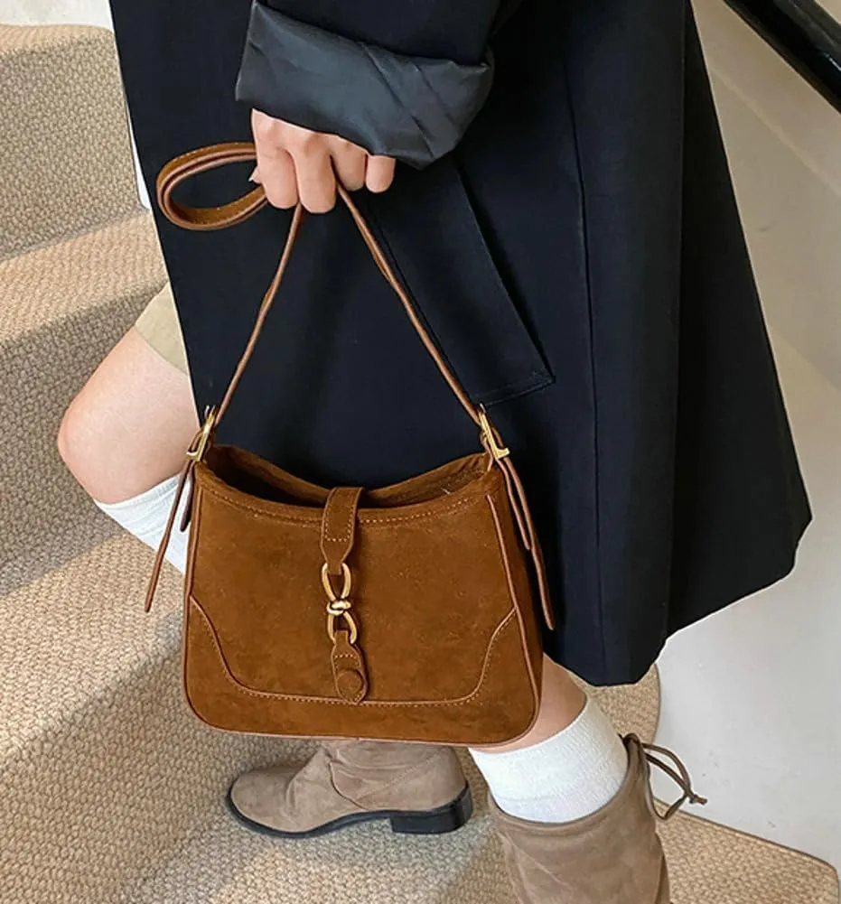 Retro Suede Handbag Women's Shoulder Bag Red Suede Purse Saddle Bag Sling Crossbody Bag Clasp Zipper Tote Bag