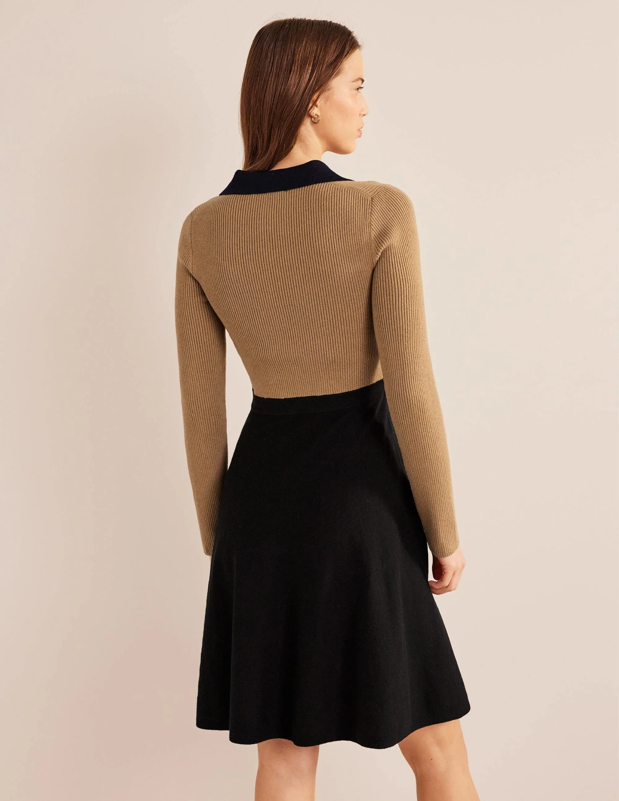 Rib Detail Knitted Mini Dress-Black, Camel Colourblock