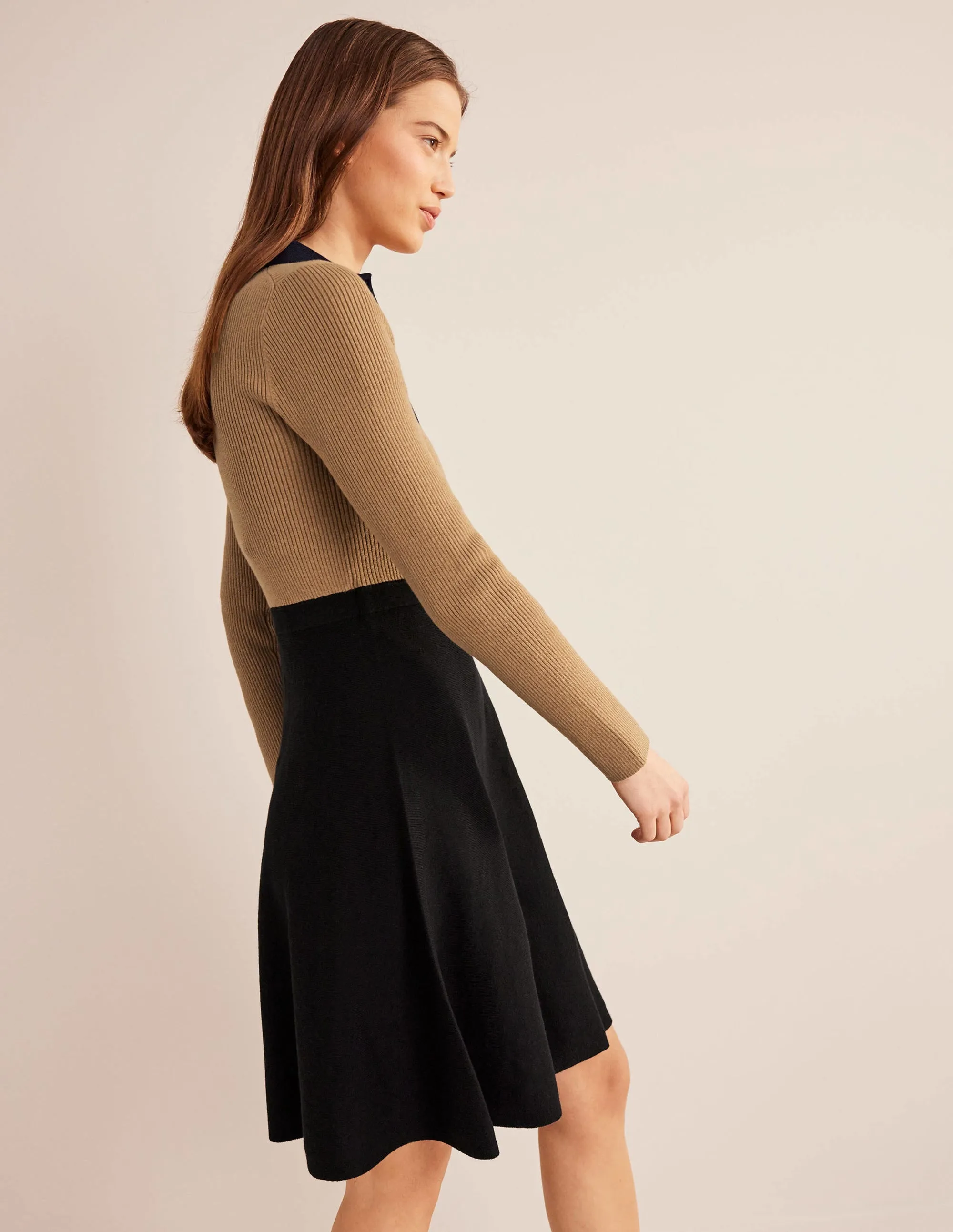 Rib Detail Knitted Mini Dress-Black, Camel Colourblock