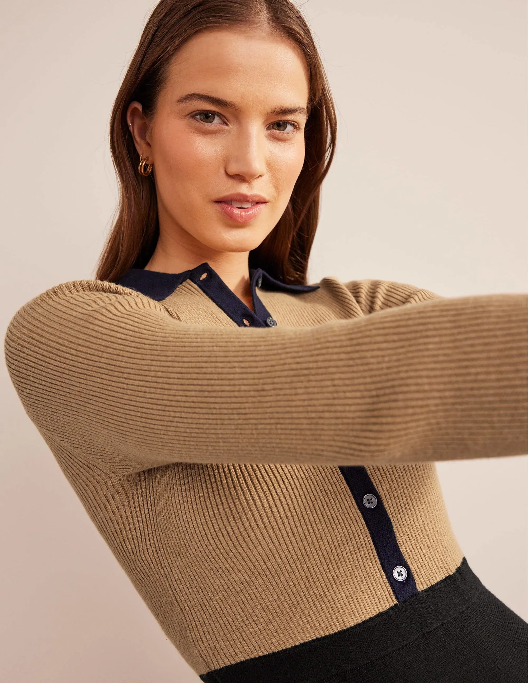 Rib Detail Knitted Mini Dress-Black, Camel Colourblock