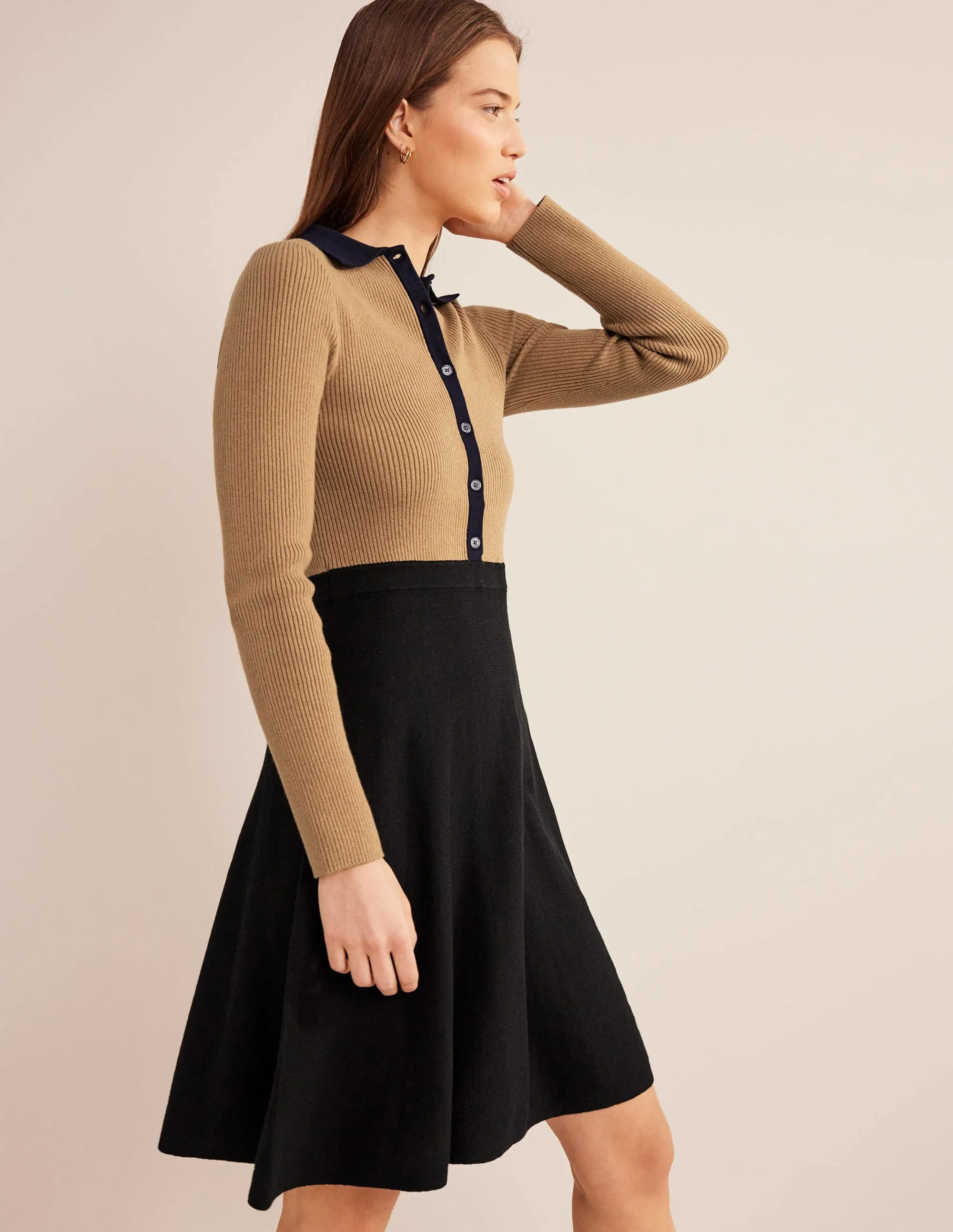 Rib Detail Knitted Mini Dress-Black, Camel Colourblock