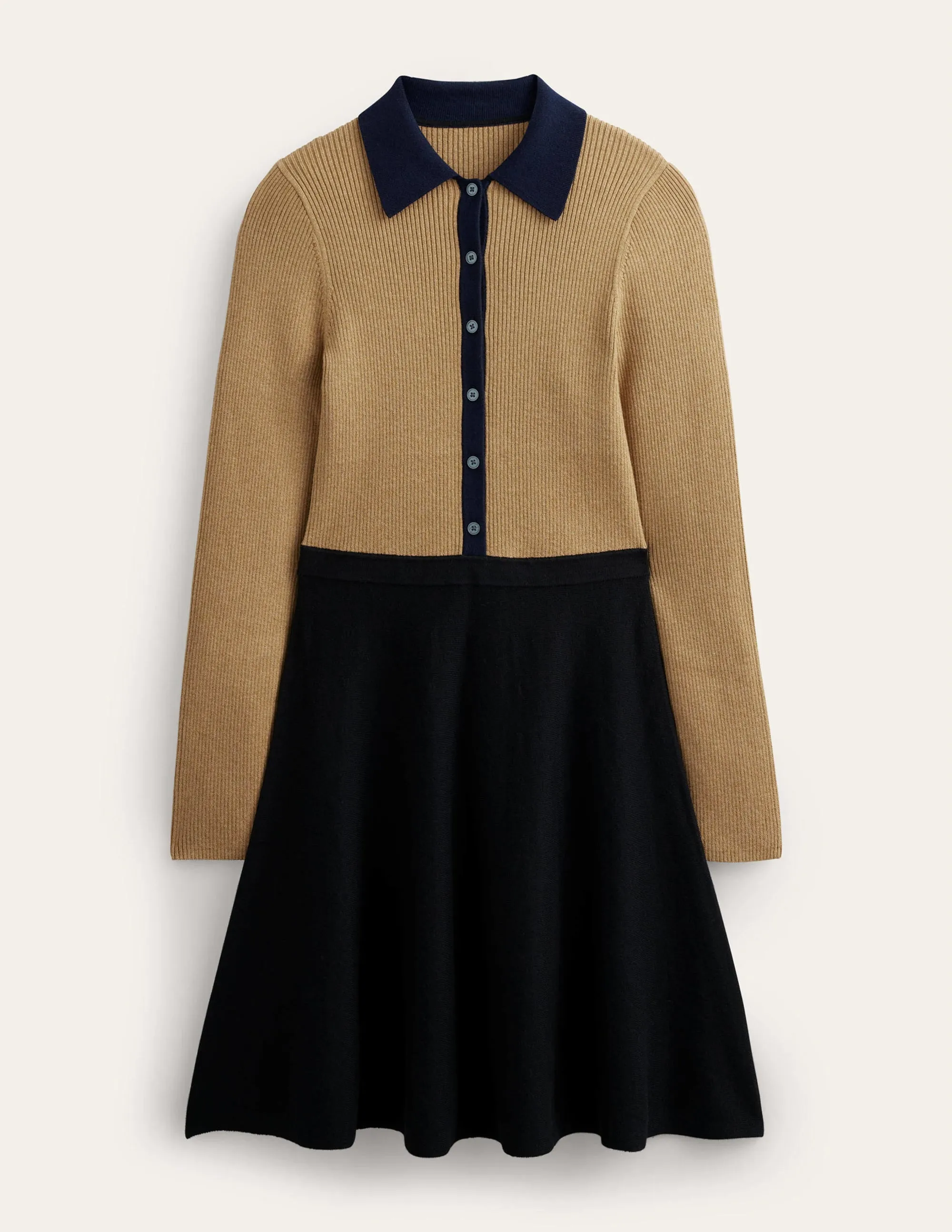 Rib Detail Knitted Mini Dress-Black, Camel Colourblock