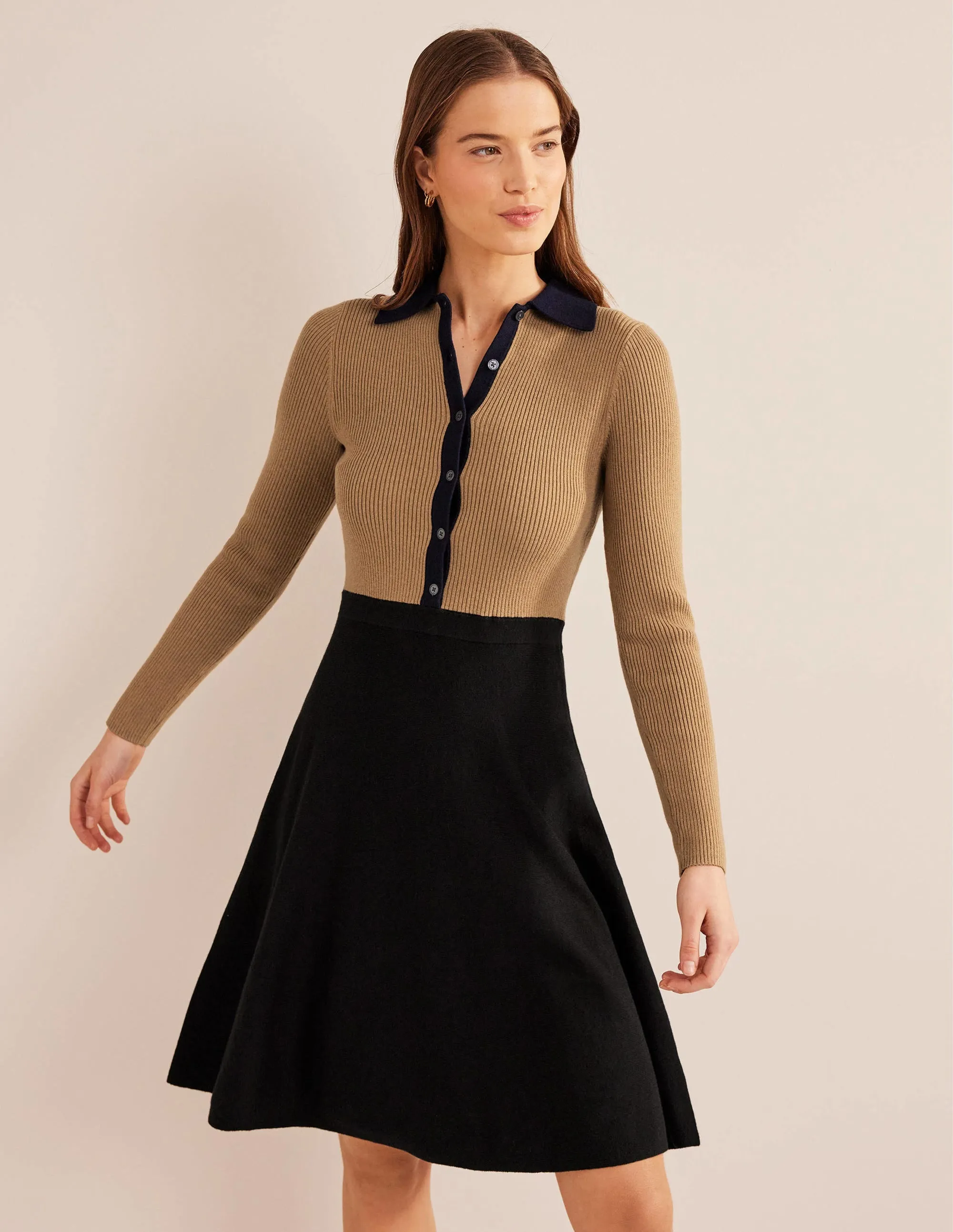 Rib Detail Knitted Mini Dress-Black, Camel Colourblock