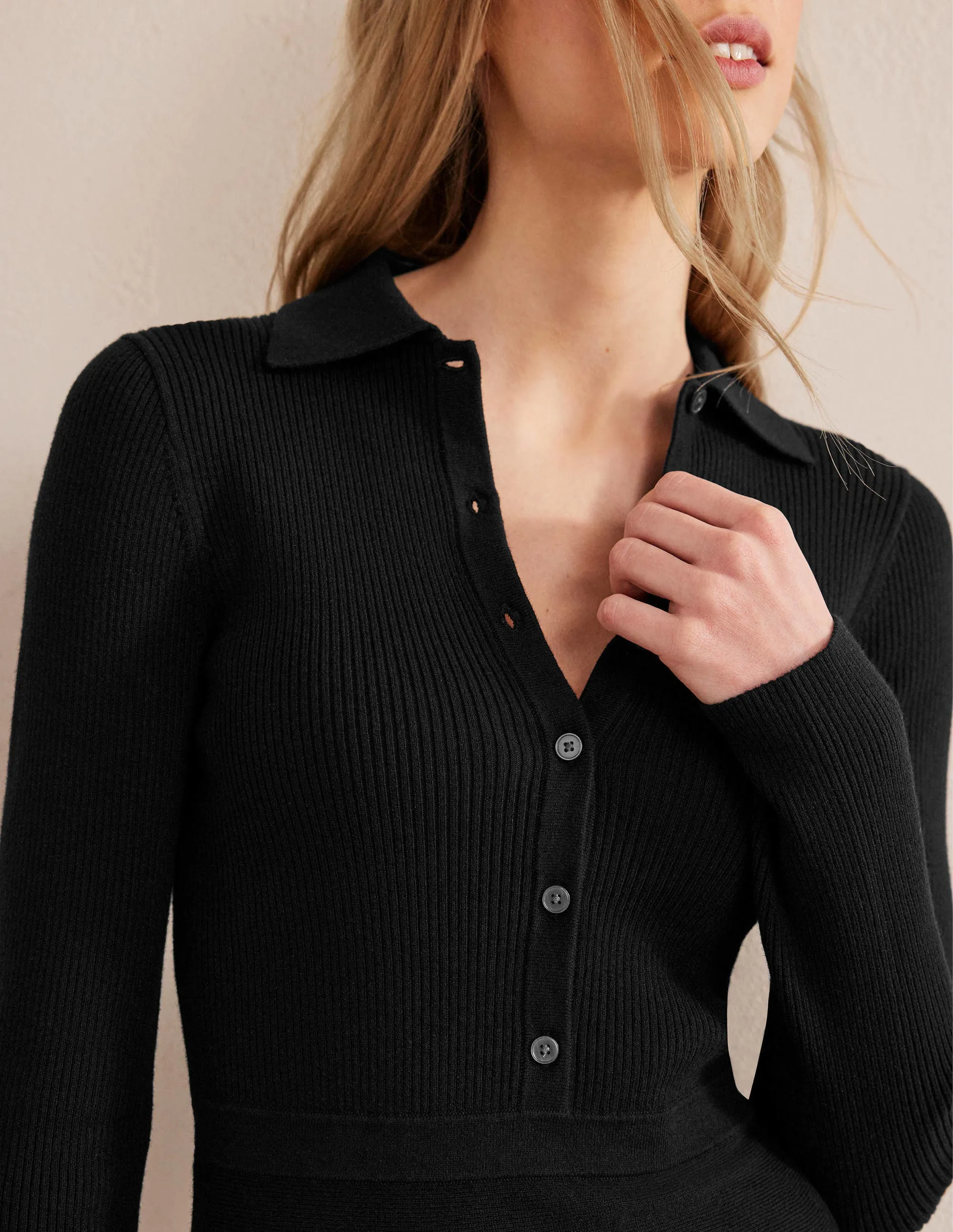 Rib Detail Knitted Mini Dress-Black
