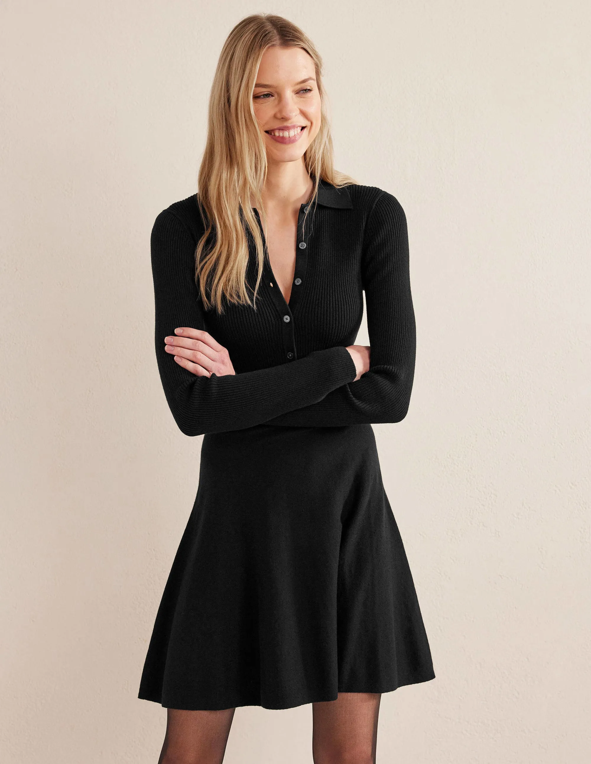 Rib Detail Knitted Mini Dress-Black