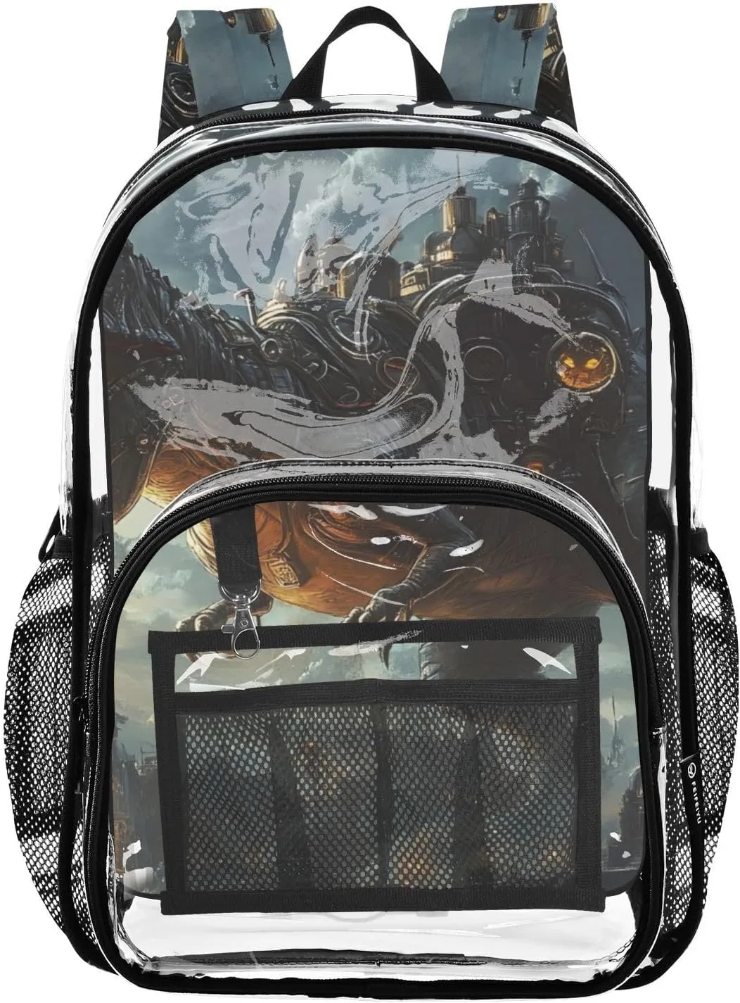 Roaring Mechanized Dinosaur Clear Plastic Backpack - Transparent PVC Heavy Duty Bag with Large Main Pocket and Mesh Pockets - Ideal for School, Travel, Outings - Clear Backpack for Everyday Use
