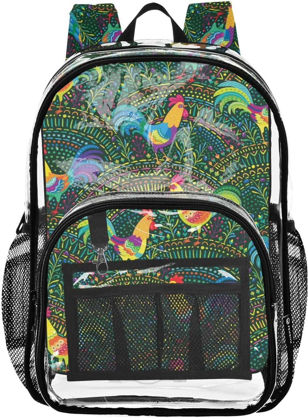 Rooster Colorful Green Clear Backpack Water Resistant Daypack Transparent Backpacks for Girls Boys Bookbag PVC Plastic Bags for School Stadium Travel College