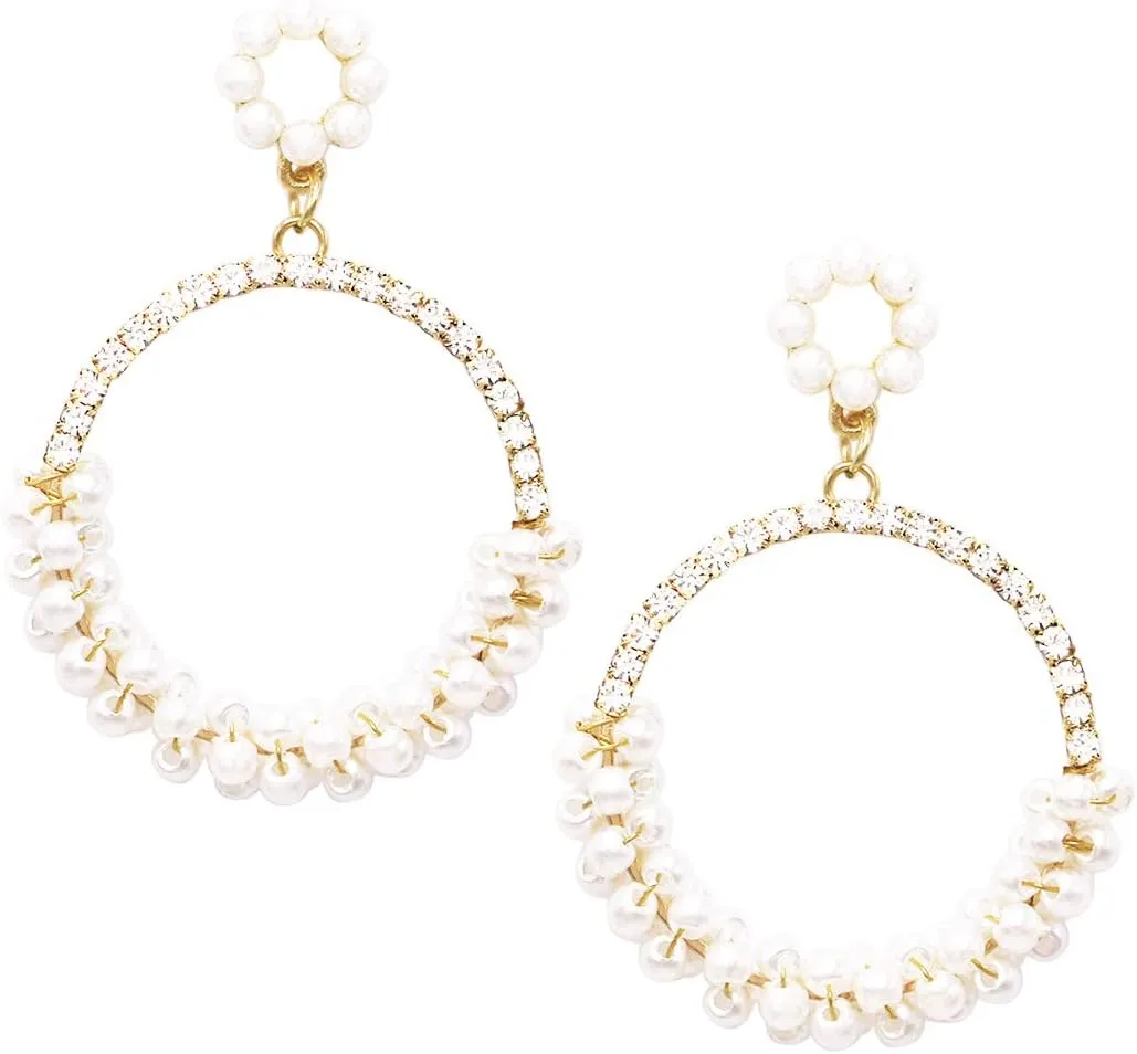 Rosemarie & Jubalee Women's Hypoallergenic Beaded Pearl and Crystal Open Circle Hoop Earrings, 2"