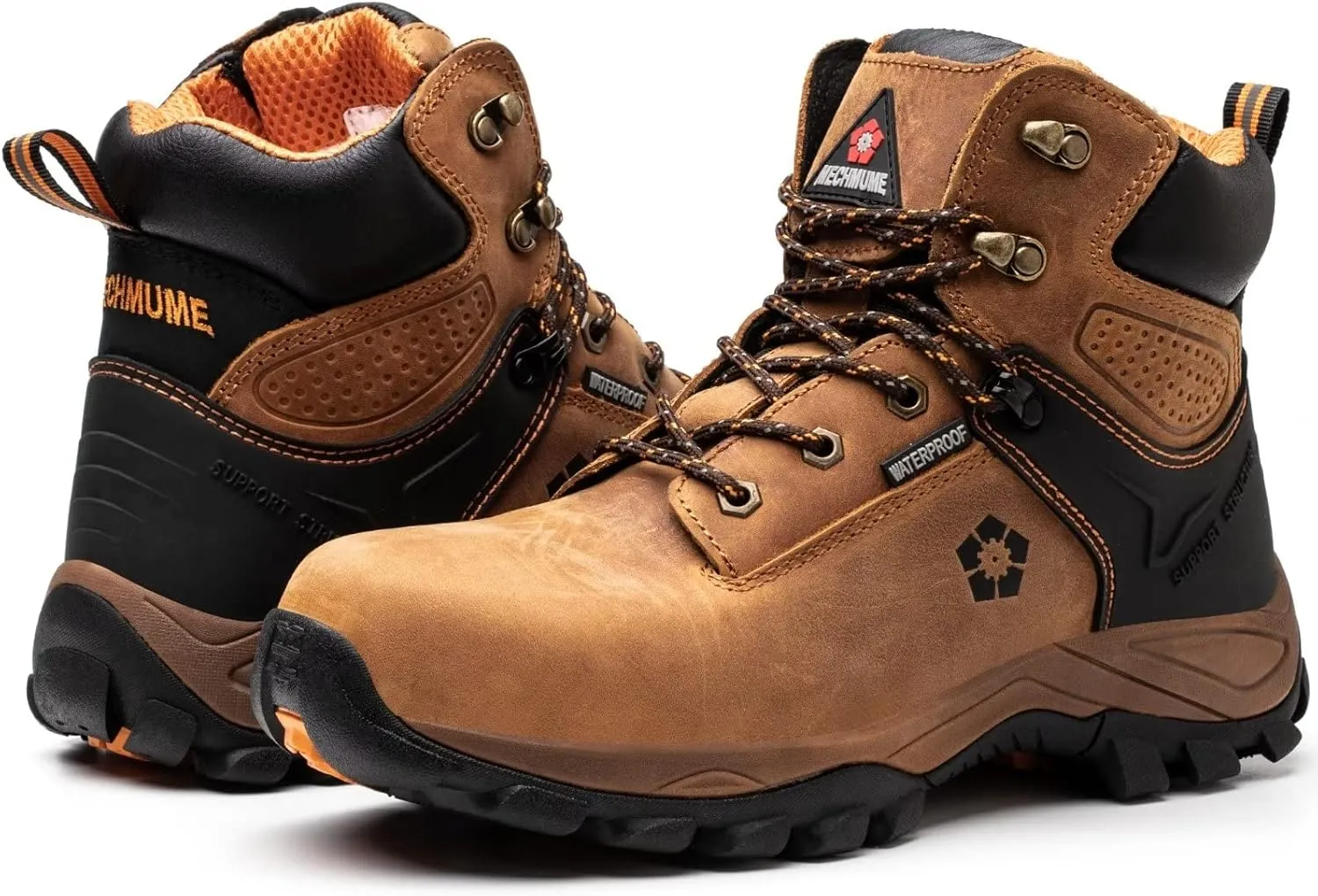 Safety Work Shoes, Waterproof, Crazy Horse Leather, Steel Toe, Rubber Sole, Kevlar Anti-Puncture, 6 inch, Industrial & Construction Hiking Work Boots