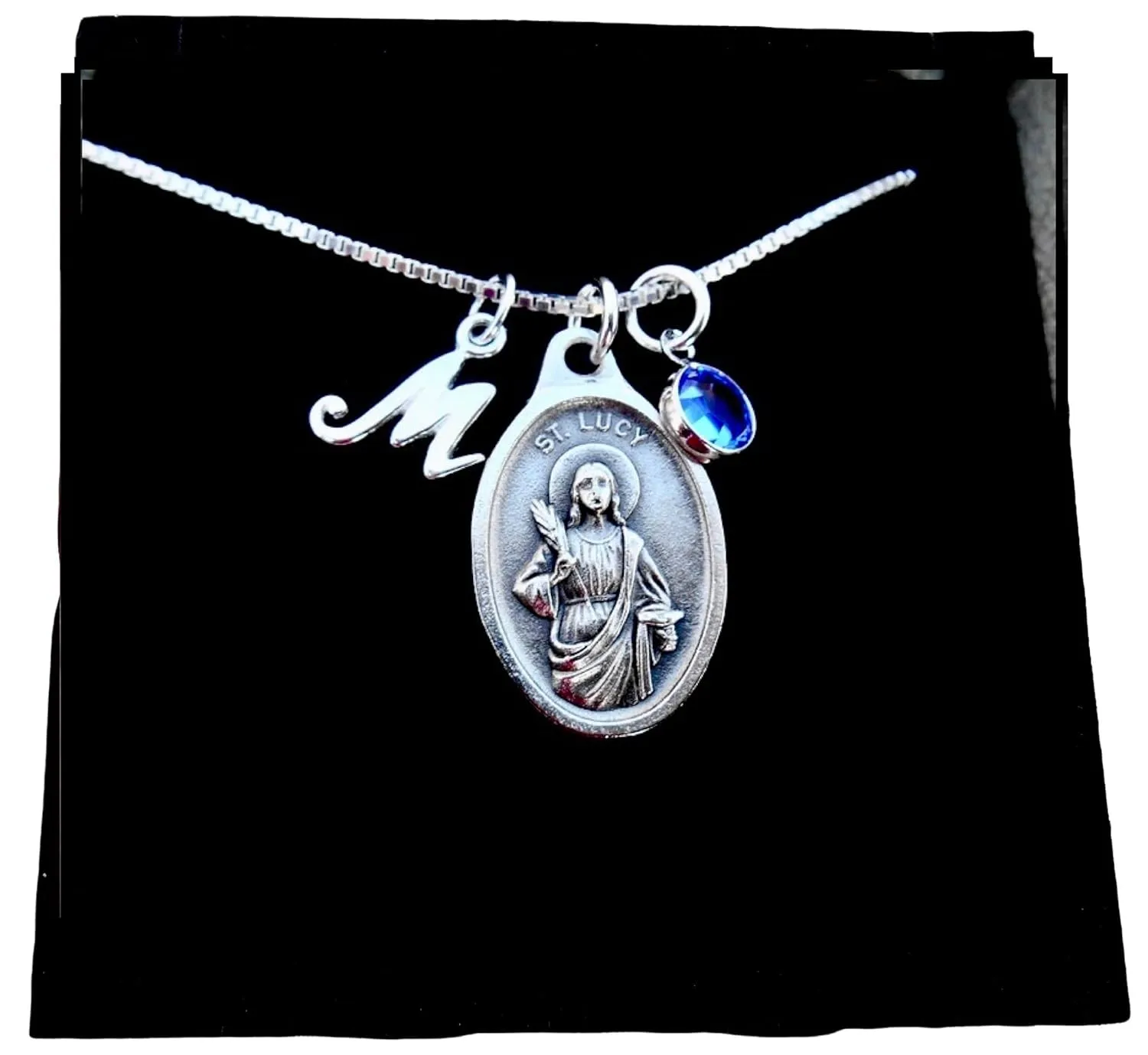 Saint Lucy Necklace, 18" Serling SIlver Box Chain, Personalized Birthstone and Initial Charm, Patron Saint of Eye Diseases