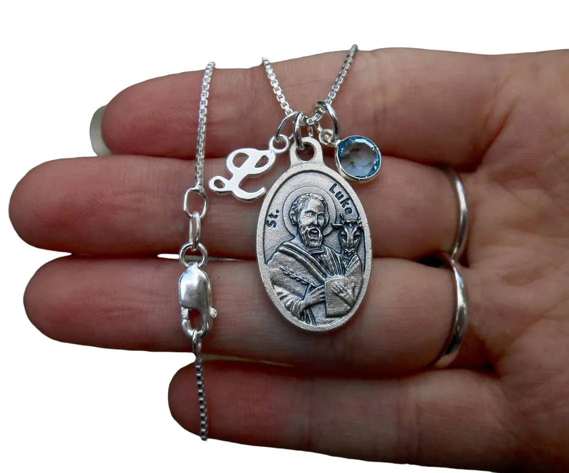 SAINT Luke Necklace/St Luke the Evangelist Necklace/18" Sterling Silver Box Chain/Personalized Birthstone and Initial/Patron Saint of Doctors/Artists/Surgeons