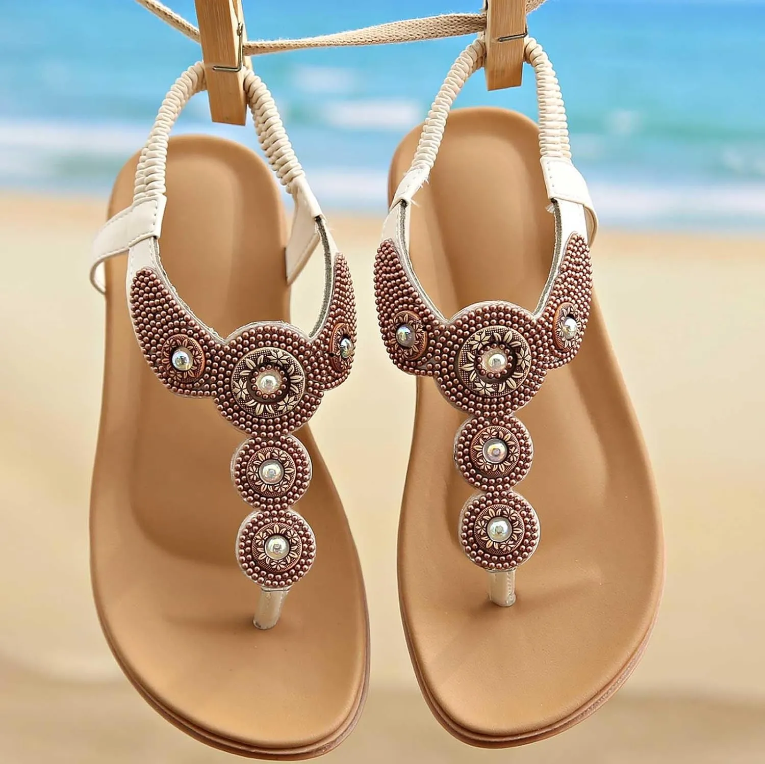 Sandals Women Arch Support Flip Flops Sandals Summer Bohemian Flat Sandal Elastic Strap Dressy Vacation Shoes