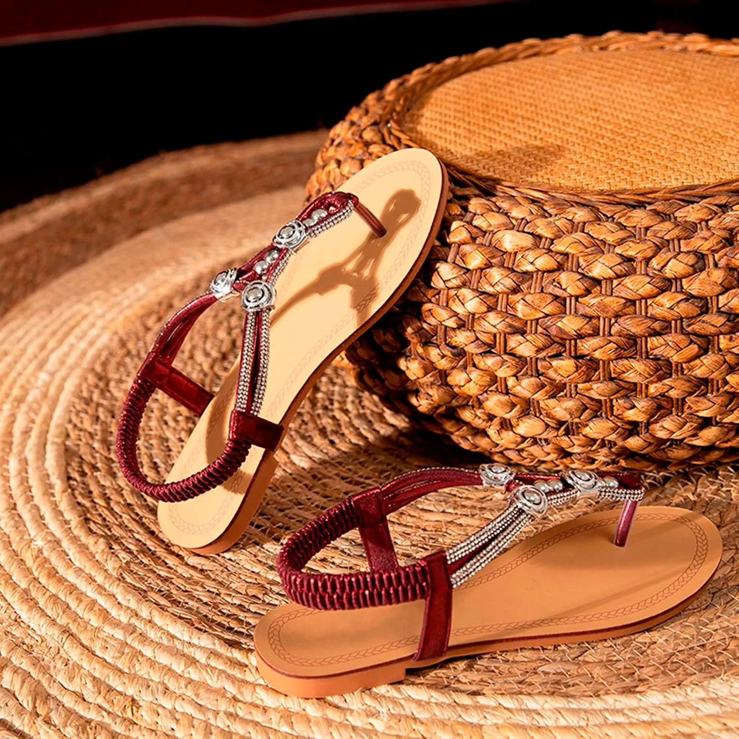 Sandals Women Arch Support Flip Flops Sandals Summer Bohemian Flat Sandal Elastic Strap Dressy Vacation Shoes