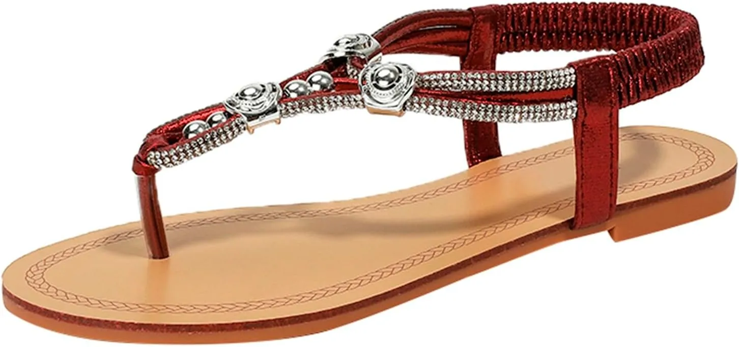 Sandals Women Arch Support Flip Flops Sandals Summer Bohemian Flat Sandal Elastic Strap Dressy Vacation Shoes