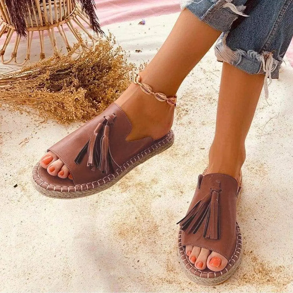 Sandals Women Dressy Summer Flat Slide Casual Espadrille Braided Tassel Hem Open toe Falt Straw Peep toe