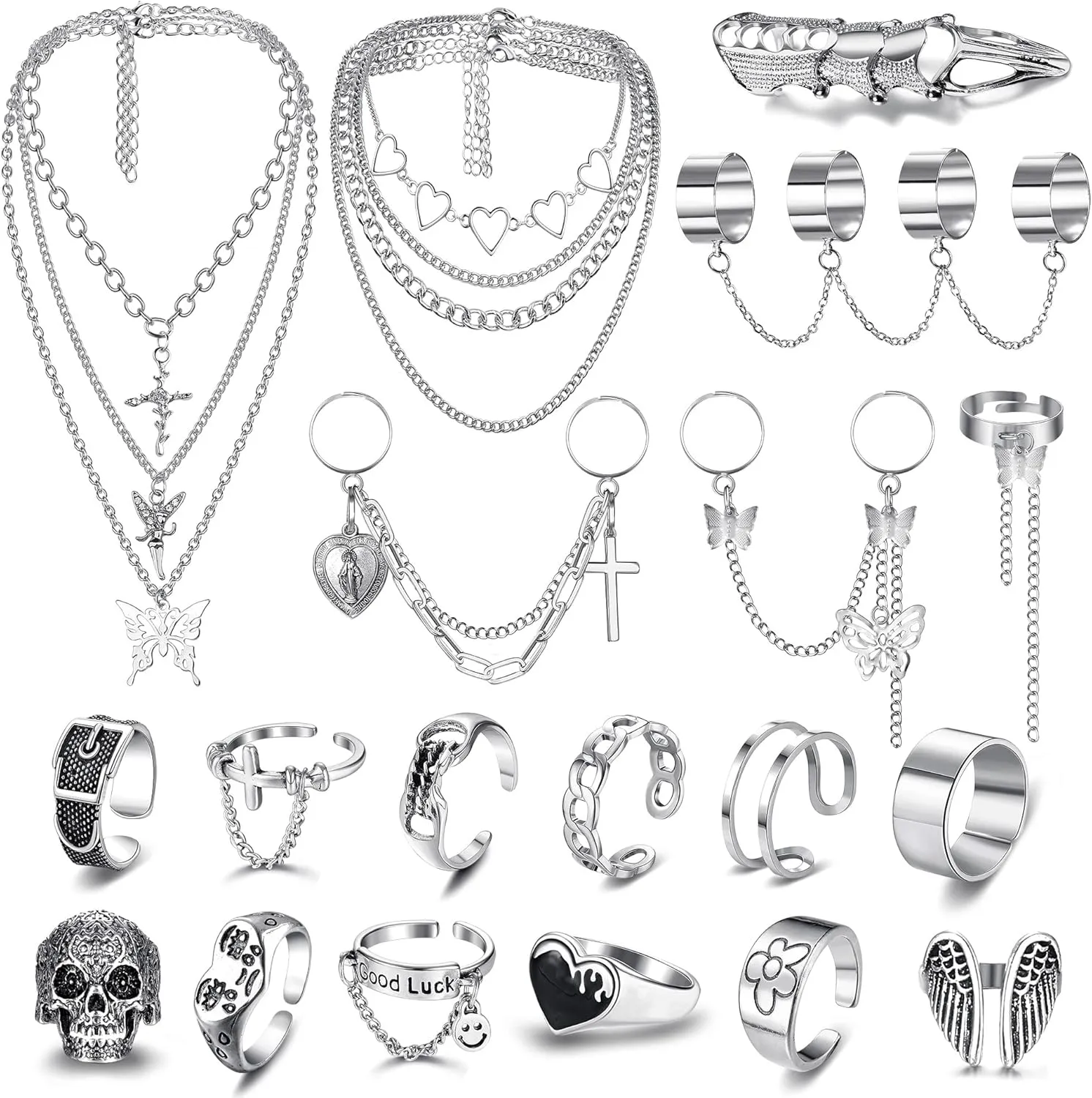 Sanfenly Punk Chain Rings  Layered Chain Necklace Set for Women Men, Cool Goth Punk Vintage Stackable Open Finger Rings Statement Pendant Choker Necklace Emo Y2K Jewelry