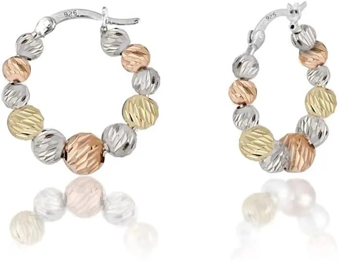 Savlano 925 Sterling Silver Beaded Round Hoop Earrings  18K Gold Tri Color Plated Hoop Earrings for Women - Made In Italy Comes with Savlano Gift Box