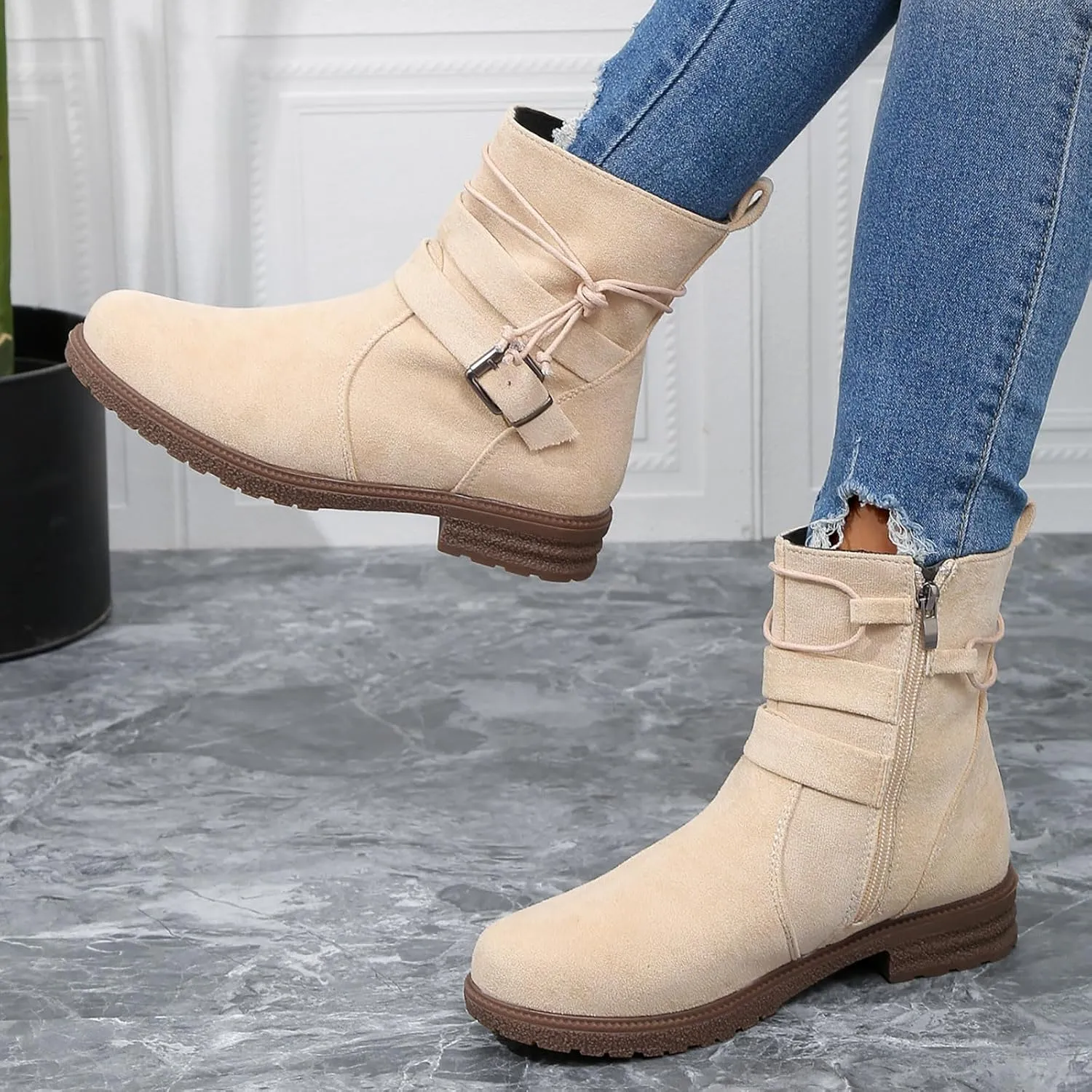 SBGMoSJ Extra Wide Calf Wedge Boots White Western Booties Women Ankle Boots Black Heeled Combat Boots Knee High Brown Calf High Boots for Women Flat Womens Mid Calf Combat Boots Brown
