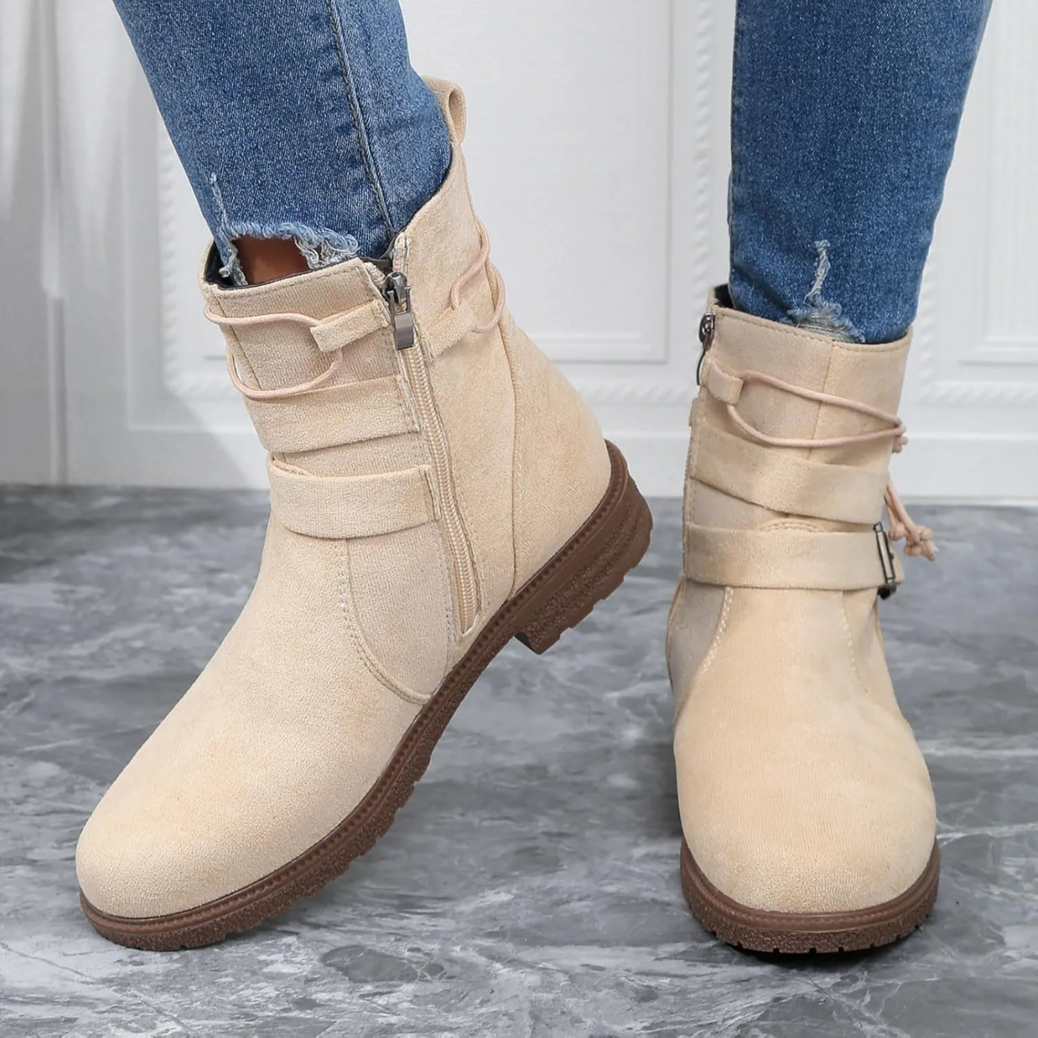 SBGMoSJ Extra Wide Calf Wedge Boots White Western Booties Women Ankle Boots Black Heeled Combat Boots Knee High Brown Calf High Boots for Women Flat Womens Mid Calf Combat Boots Brown