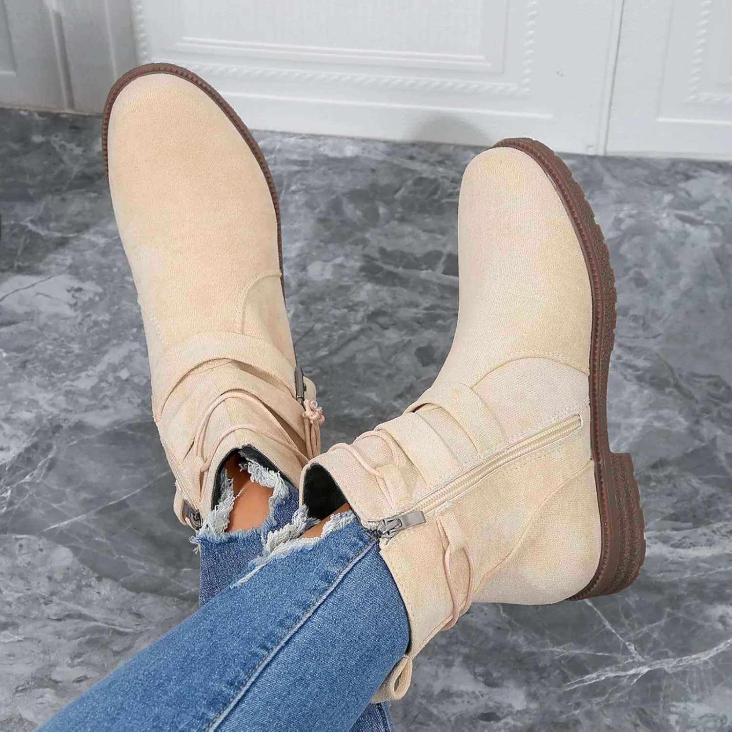 SBGMoSJ Extra Wide Calf Wedge Boots White Western Booties Women Ankle Boots Black Heeled Combat Boots Knee High Brown Calf High Boots for Women Flat Womens Mid Calf Combat Boots Brown