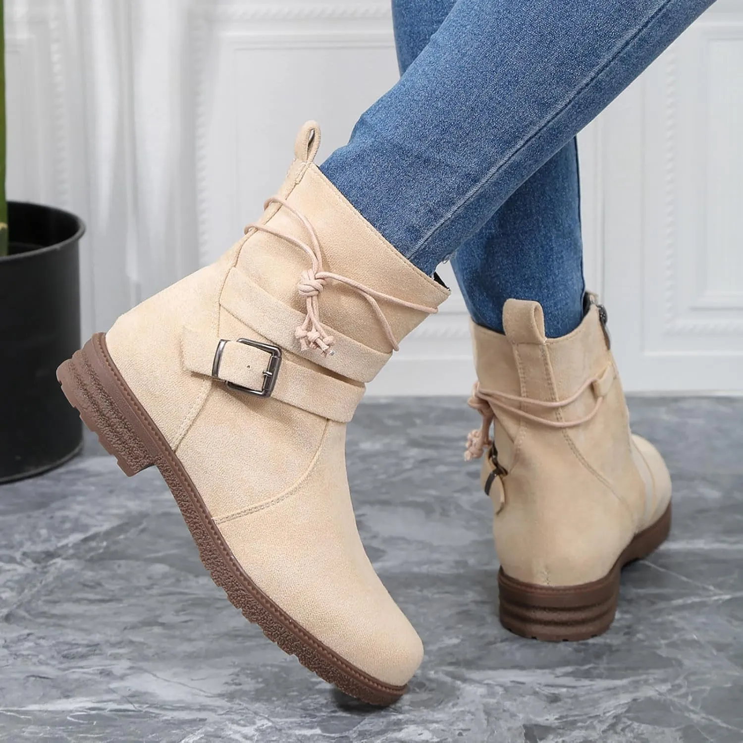 SBGMoSJ Extra Wide Calf Wedge Boots White Western Booties Women Ankle Boots Black Heeled Combat Boots Knee High Brown Calf High Boots for Women Flat Womens Mid Calf Combat Boots Brown