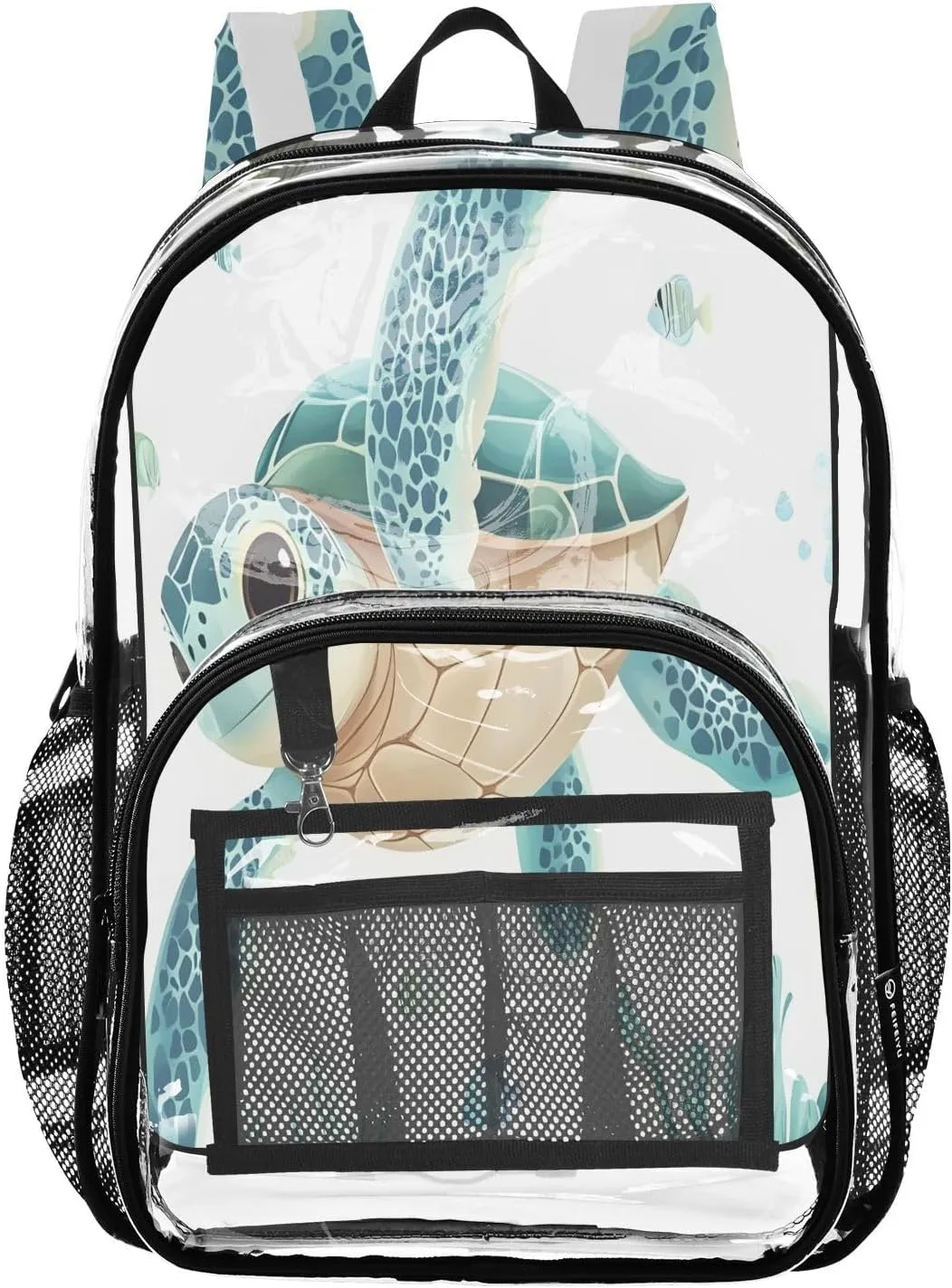 Sea Turtle Clear Plastic Backpack - Transparent PVC Heavy Duty Bag with Large Main Pocket and Mesh Pockets - Ideal for School, Travel, Outings - Clear Backpack for School and Everyday Use