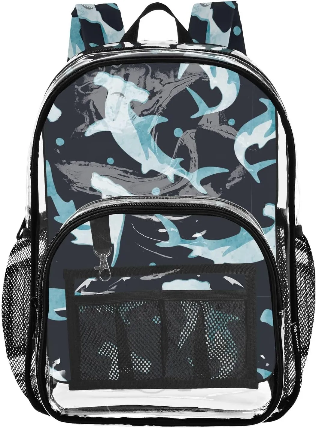 Shark Blue Dots Clear Backpack Transparent Bag for Girls Boys Kids Backpacks See Through Bookbag Plastic Daypack for Stadium Events School Travel
