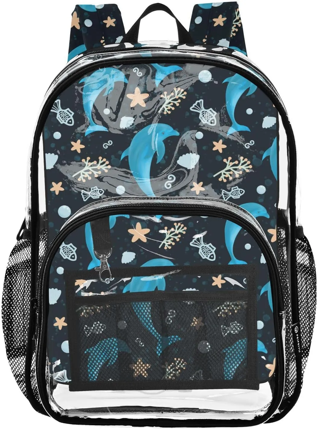 Shells Dolphin Black Clear Backpack Transparent Bookbag for Girls Boys Kids Bag PVC Waterproof Bag See Through Backpack for Teens Students Women Men Travel