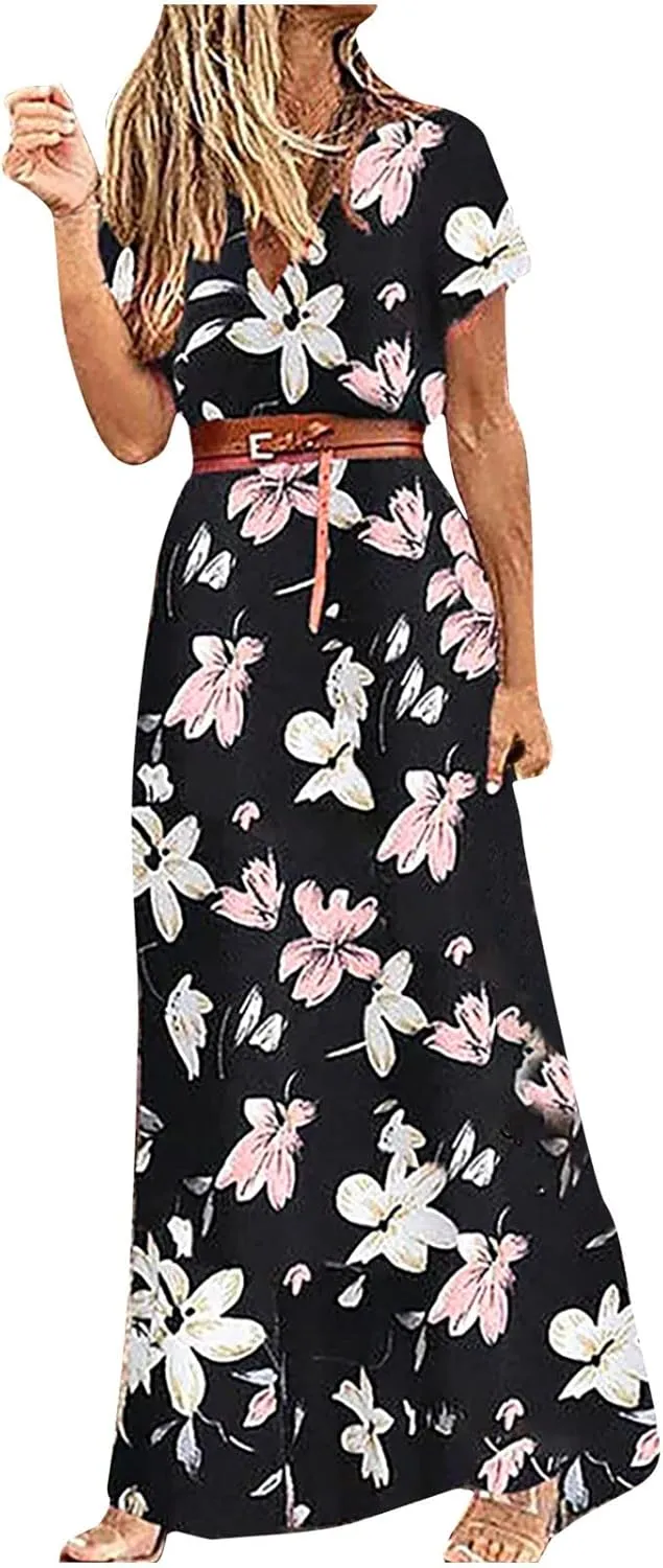 Short Sleeve Dress for Women Tie Waist Maxi Dress Summer Boho Floral Dress Elegant Spring Dresses for Women 2025