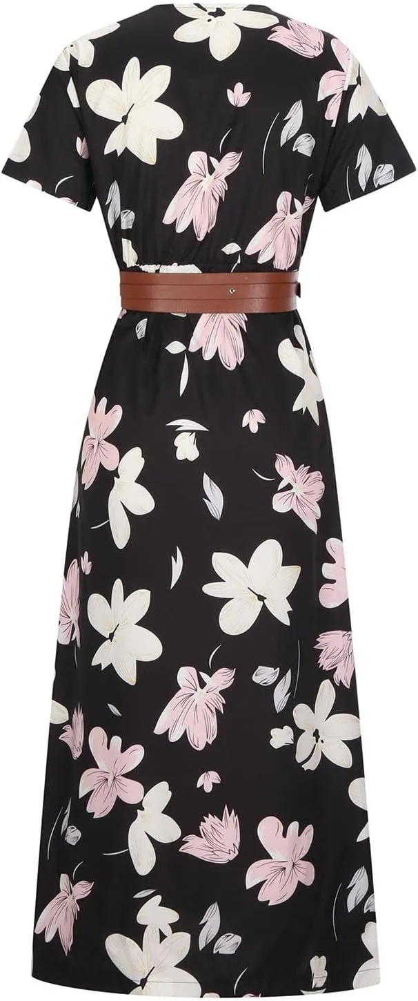 Short Sleeve Dress for Women Tie Waist Maxi Dress Summer Boho Floral Dress Elegant Spring Dresses for Women 2025