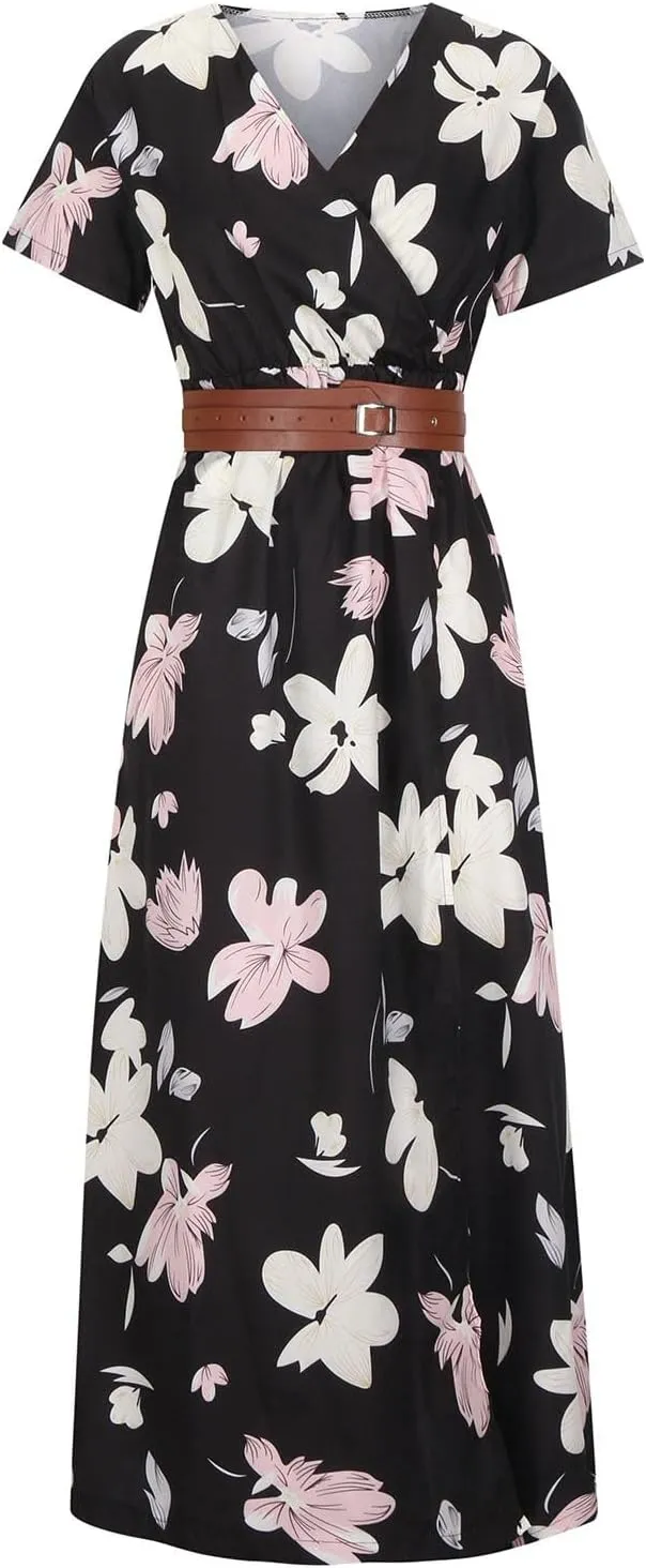 Short Sleeve Dress for Women Tie Waist Maxi Dress Summer Boho Floral Dress Elegant Spring Dresses for Women 2025