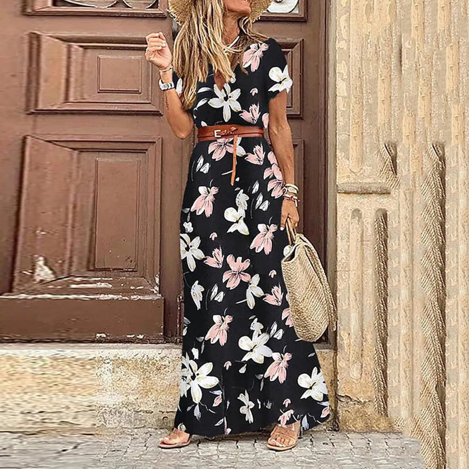 Short Sleeve Dress for Women Tie Waist Maxi Dress Summer Boho Floral Dress Elegant Spring Dresses for Women 2025