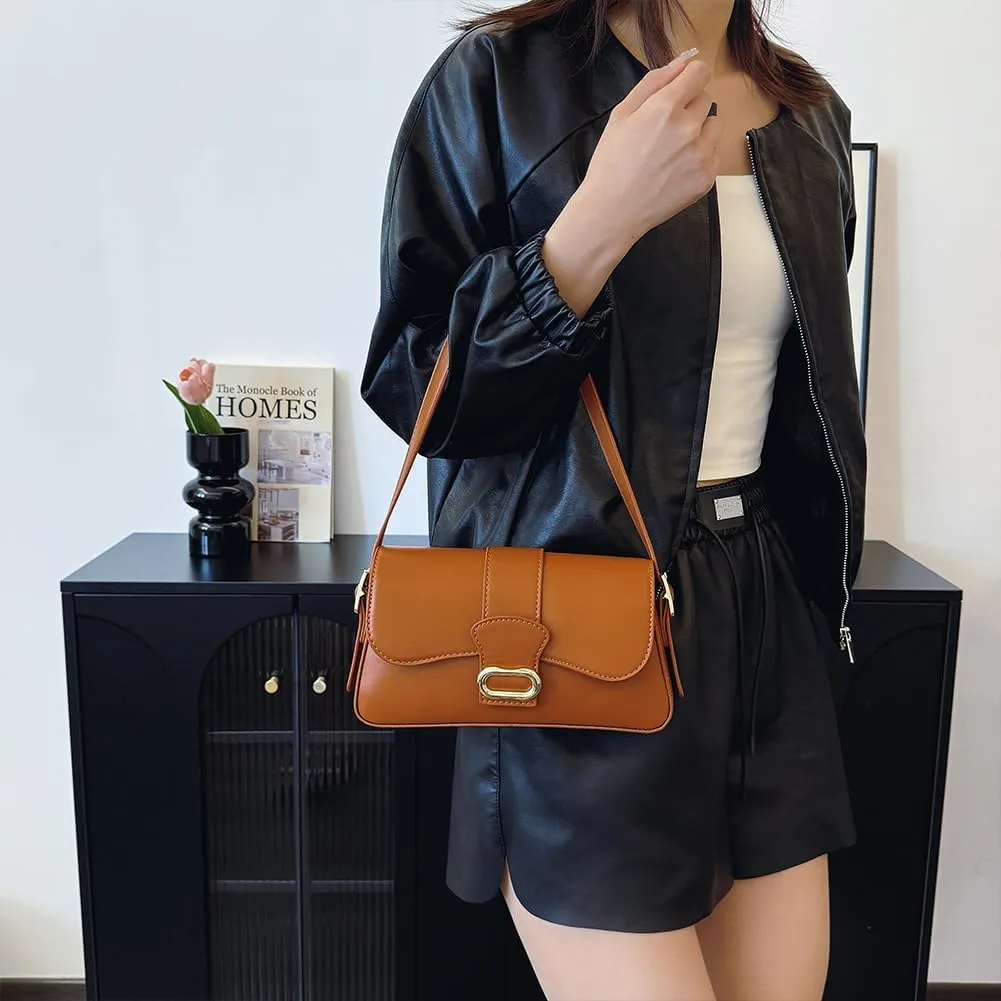 Shoulder Bag for Women Closure Flap Handbag PU Leather Zipper Clutch Bag Solid Color Satchel Purse Travel Shopping
