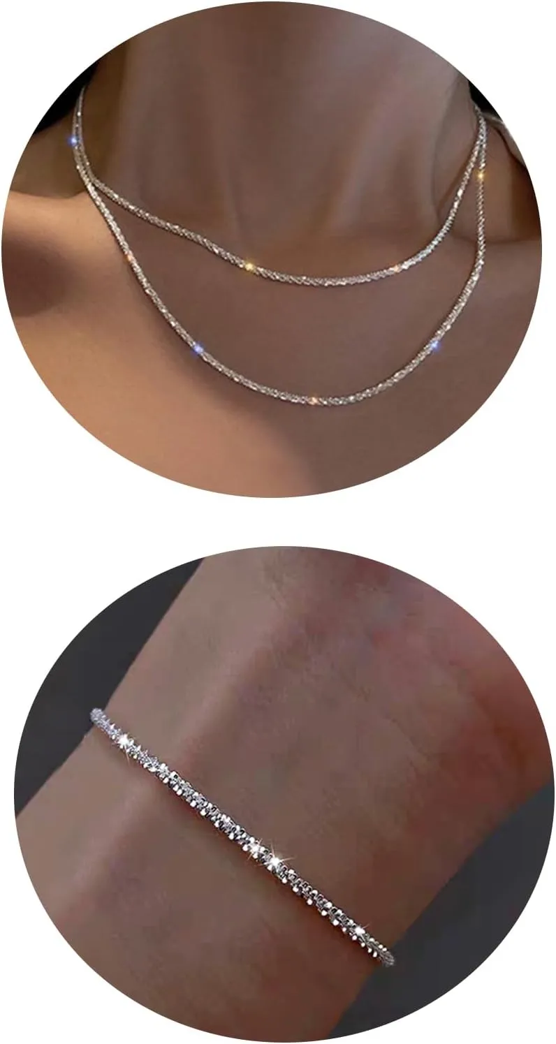 Silver Layered Necklaces for Women Trendy Shiny Twisted Rope Chain Necklace Dainty 925 Sterling Silver Plated Choker Necklace with Bracelet Jewelry Set for Women
