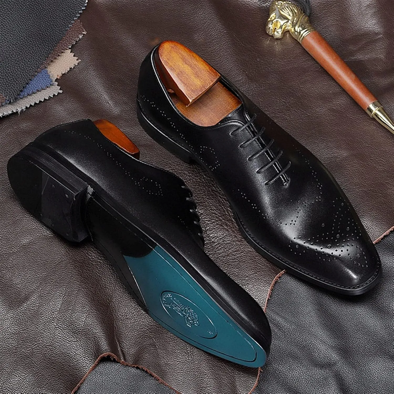Single Season Dress Shoes for Men Lace Up Square Toe Brogue Embossed Cowhide Low Top Non Slip Resistant Rubber Sole Anti-Slip Business Very Popular Among Young People