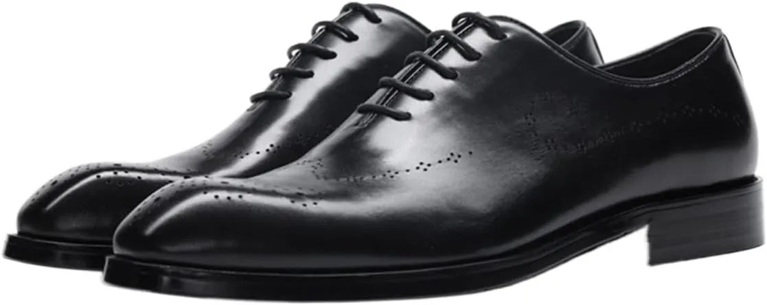 Single Season Dress Shoes for Men Lace Up Square Toe Brogue Embossed Cowhide Low Top Non Slip Resistant Rubber Sole Anti-Slip Business Very Popular Among Young People